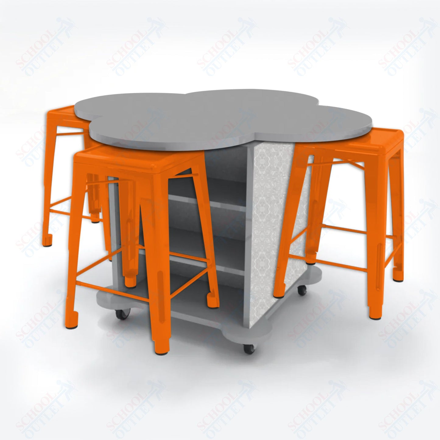 CEF Creation Cube Double-Sided Storage Table - 34"H, High-Pressure Laminate Base and Clover Top - 4 Metal Stools Included