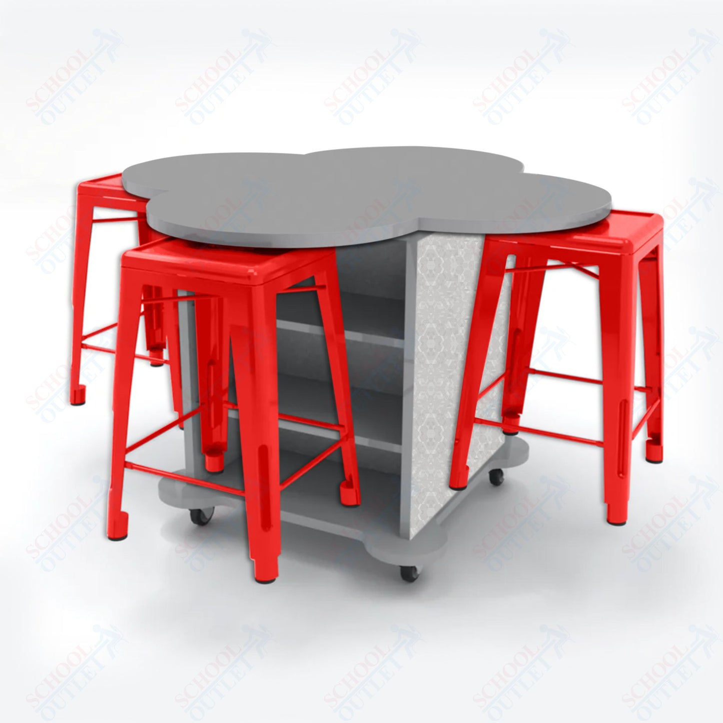 CEF Creation Cube Double-Sided Storage Table - 34"H, High-Pressure Laminate Base and Clover Top - 4 Metal Stools Included