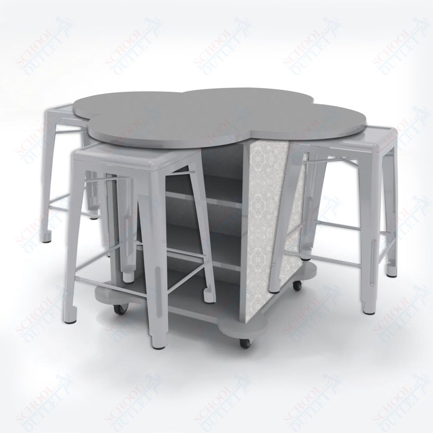 CEF Creation Cube Double-Sided Storage Table - 34"H, High-Pressure Laminate Base and Clover Top - 4 Metal Stools Included