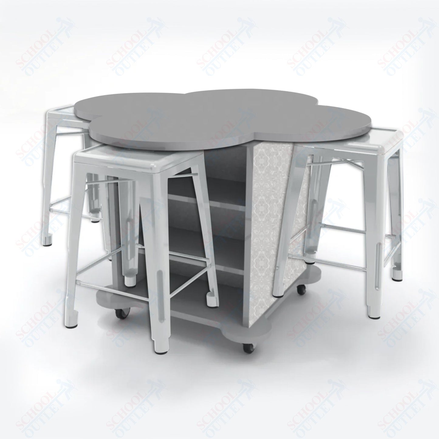 CEF Creation Cube Double-Sided Storage Table - 34"H, High-Pressure Laminate Base and Clover Top - 4 Metal Stools Included