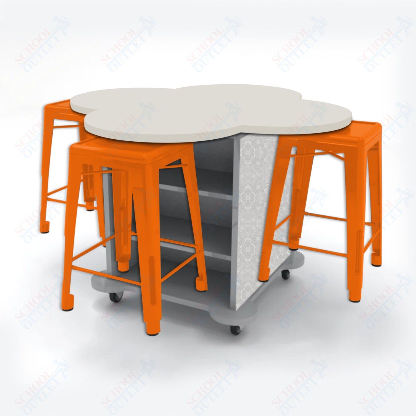 CEF Creation Cube Double-Sided Storage Table - 34"H, High-Pressure Laminate Base and Clover Top - 4 Metal Stools Included