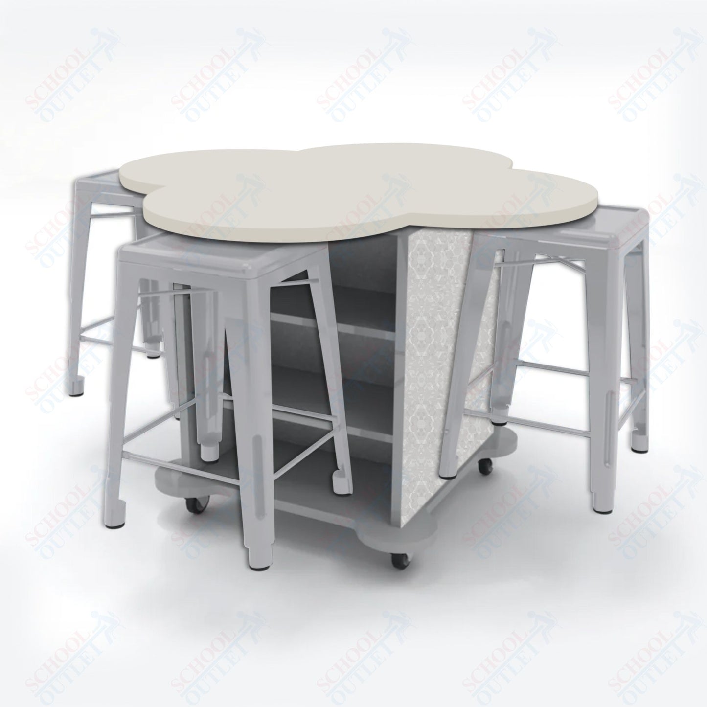 CEF Creation Cube Double-Sided Storage Table - 34"H, High-Pressure Laminate Base and Clover Top - 4 Metal Stools Included