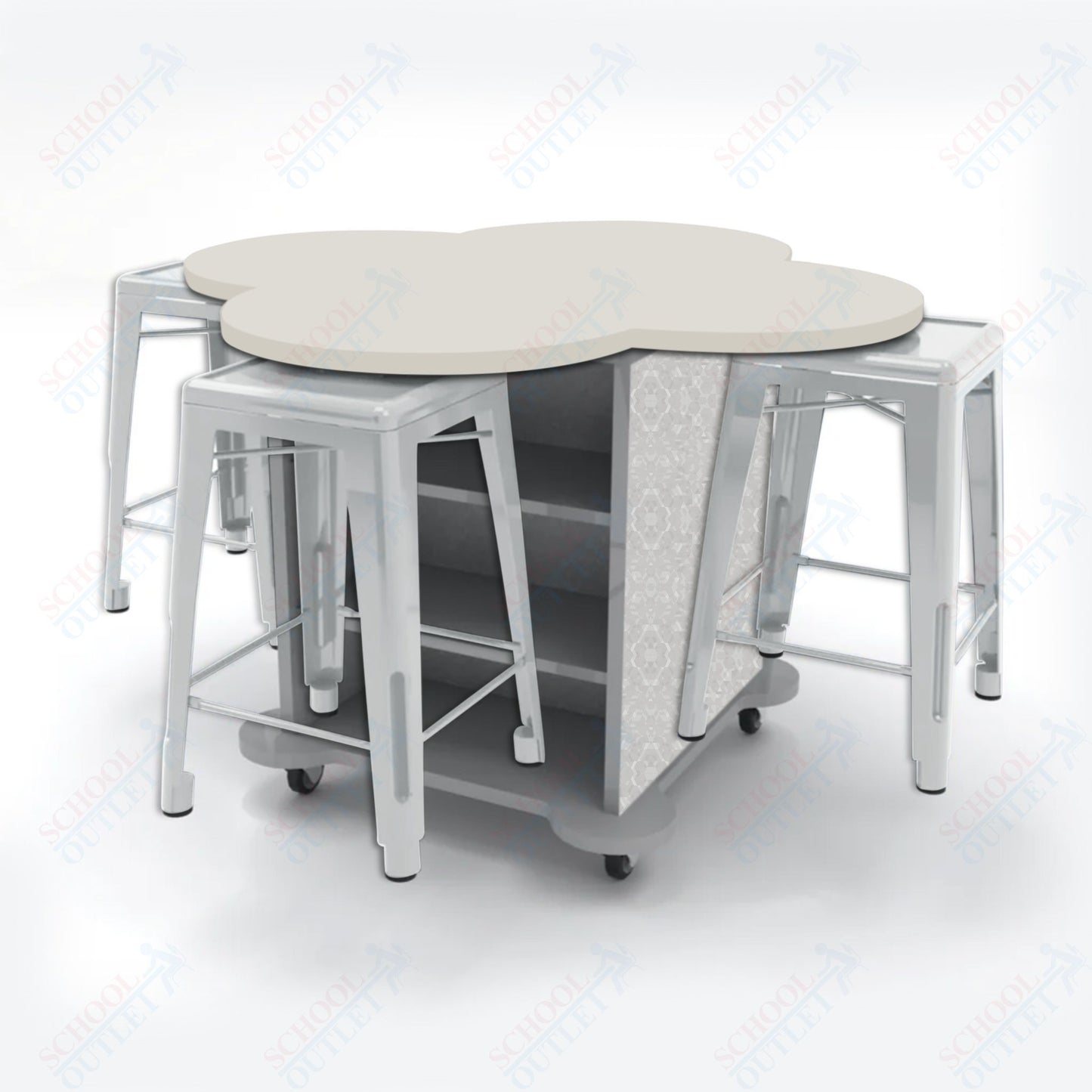 CEF Creation Cube Double-Sided Storage Table - 34"H, High-Pressure Laminate Base and Clover Top - 4 Metal Stools Included