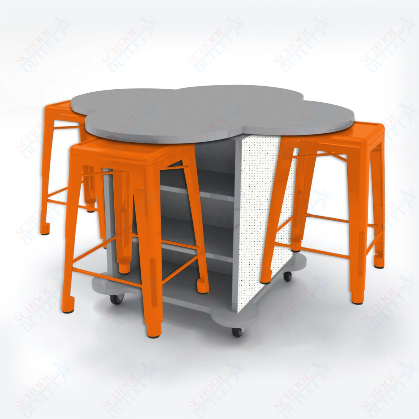 CEF Creation Cube Double-Sided Storage Table - 34"H, High-Pressure Laminate Base and Clover Top - 4 Metal Stools Included