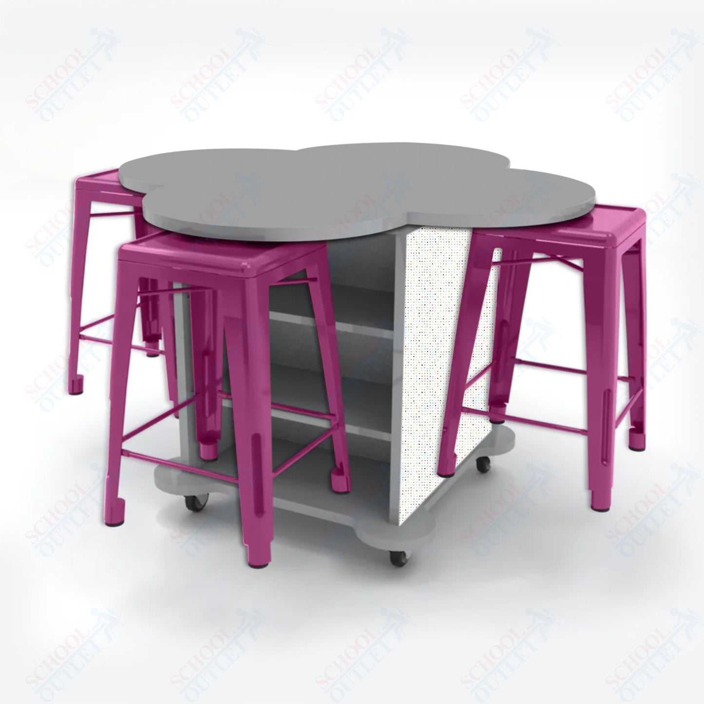 CEF Creation Cube Double-Sided Storage Table - 34"H, High-Pressure Laminate Base and Clover Top - 4 Metal Stools Included