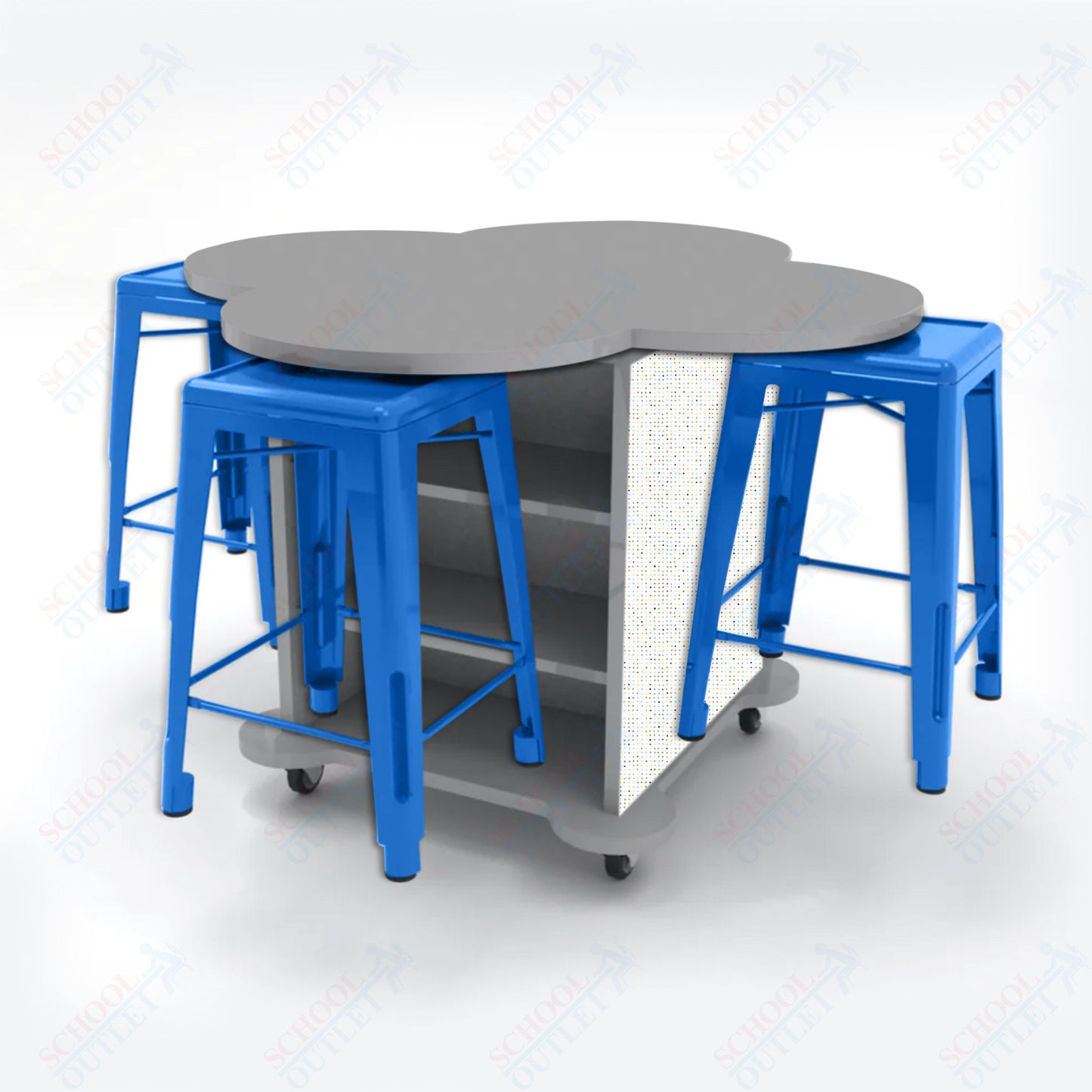 CEF Creation Cube Double-Sided Storage Table - 34"H, High-Pressure Laminate Base and Clover Top - 4 Metal Stools Included
