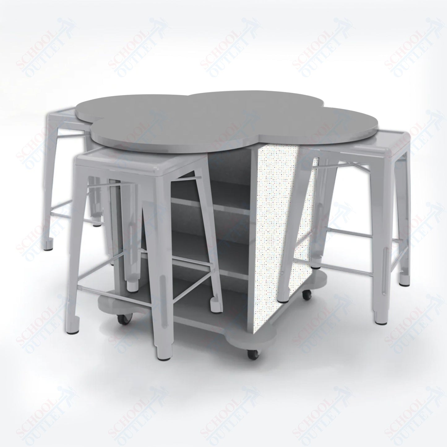 CEF Creation Cube Double-Sided Storage Table - 34"H, High-Pressure Laminate Base and Clover Top - 4 Metal Stools Included