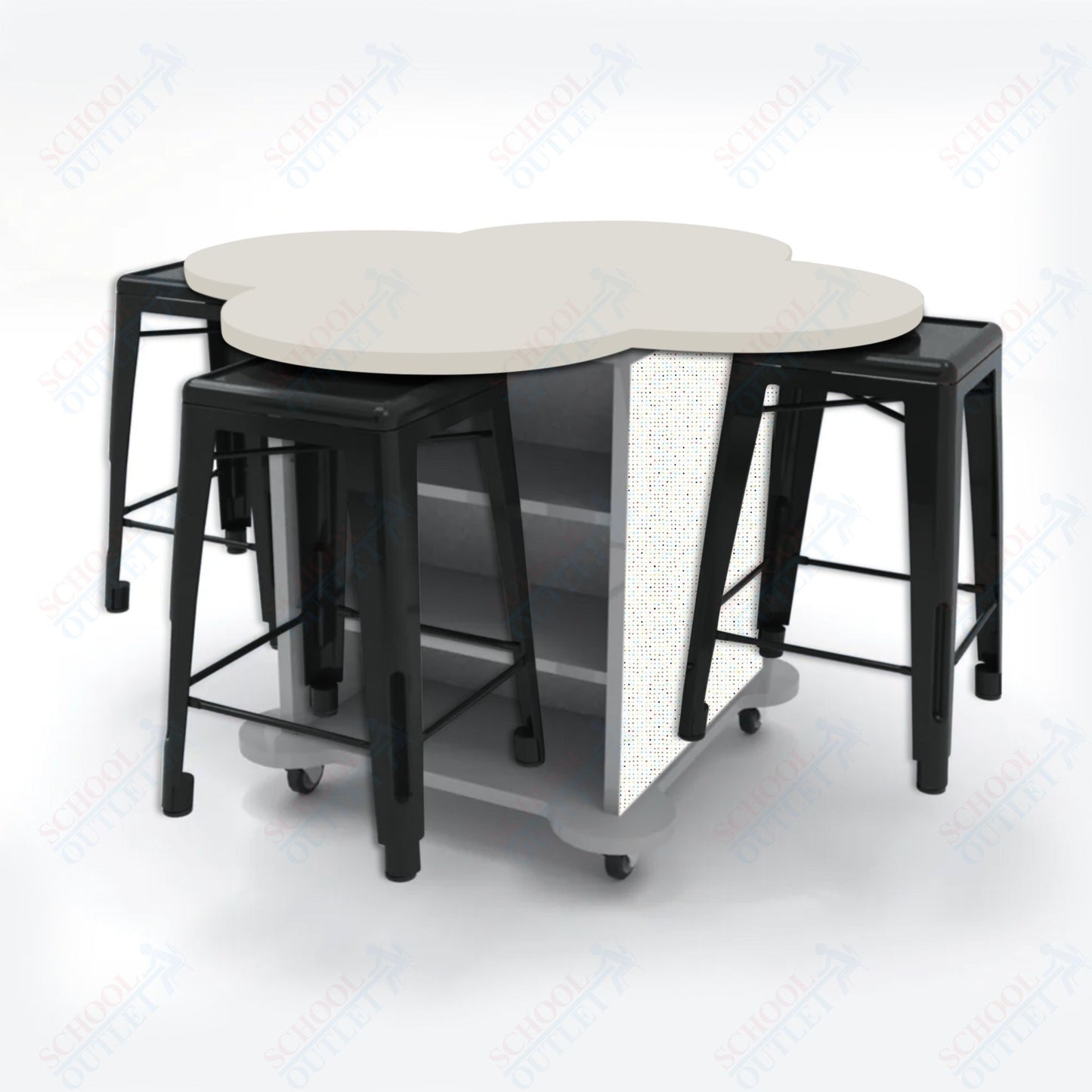 CEF Creation Cube Double-Sided Storage Table - 34"H, High-Pressure Laminate Base and Clover Top - 4 Metal Stools Included
