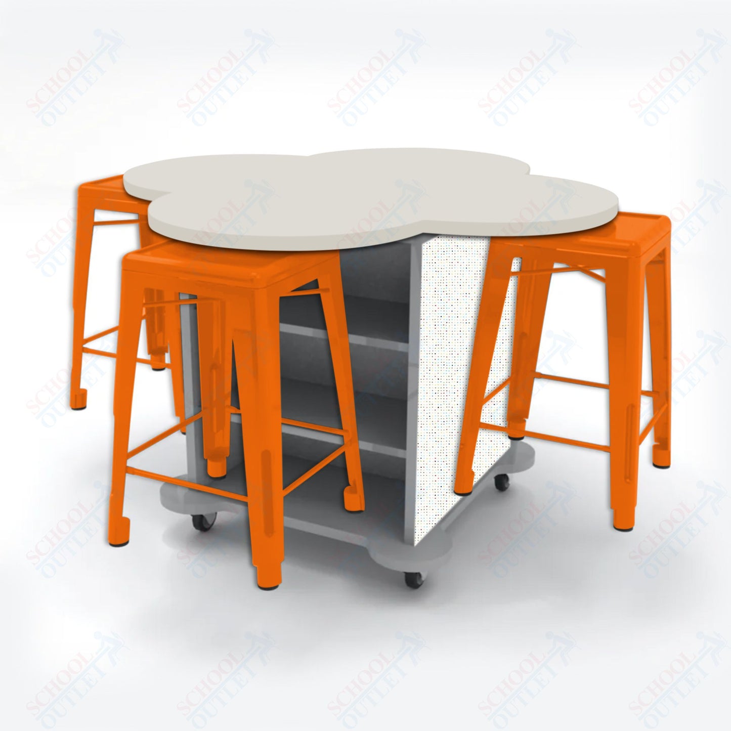 CEF Creation Cube Double-Sided Storage Table - 34"H, High-Pressure Laminate Base and Clover Top - 4 Metal Stools Included