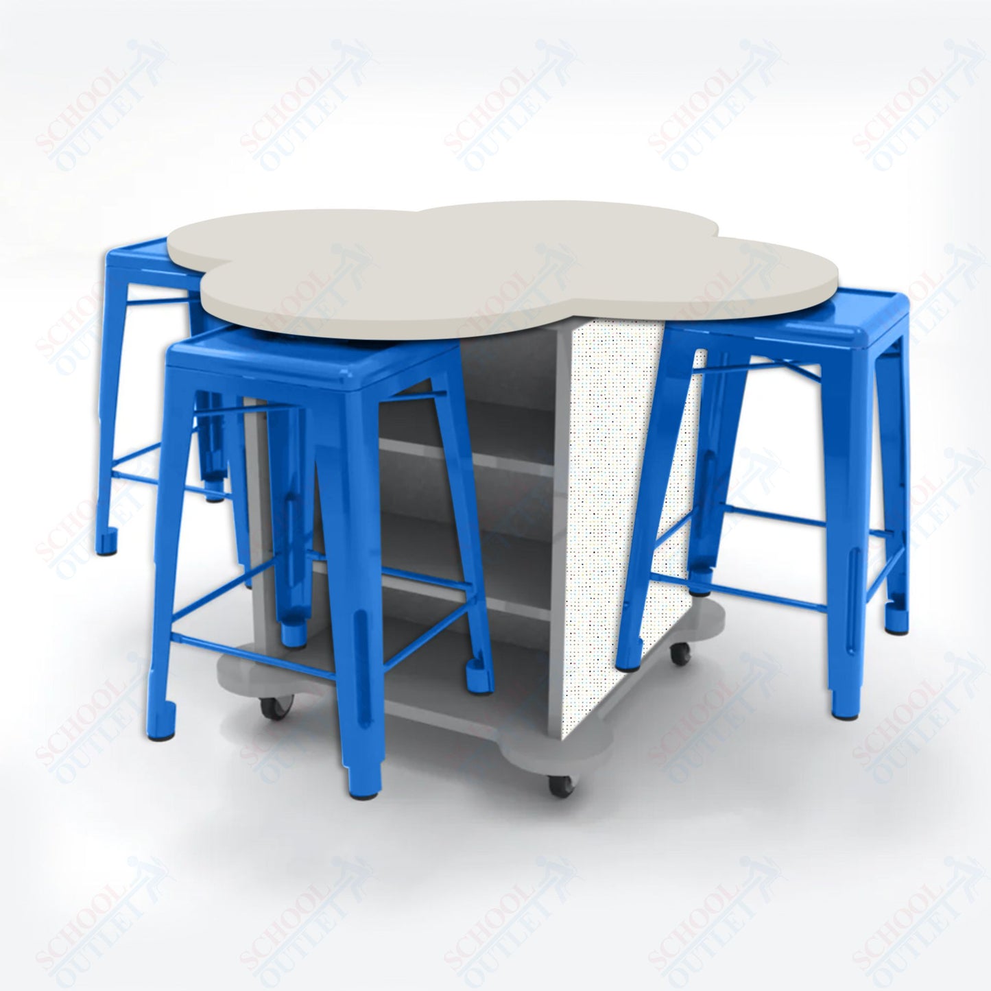 CEF Creation Cube Double-Sided Storage Table - 34"H, High-Pressure Laminate Base and Clover Top - 4 Metal Stools Included