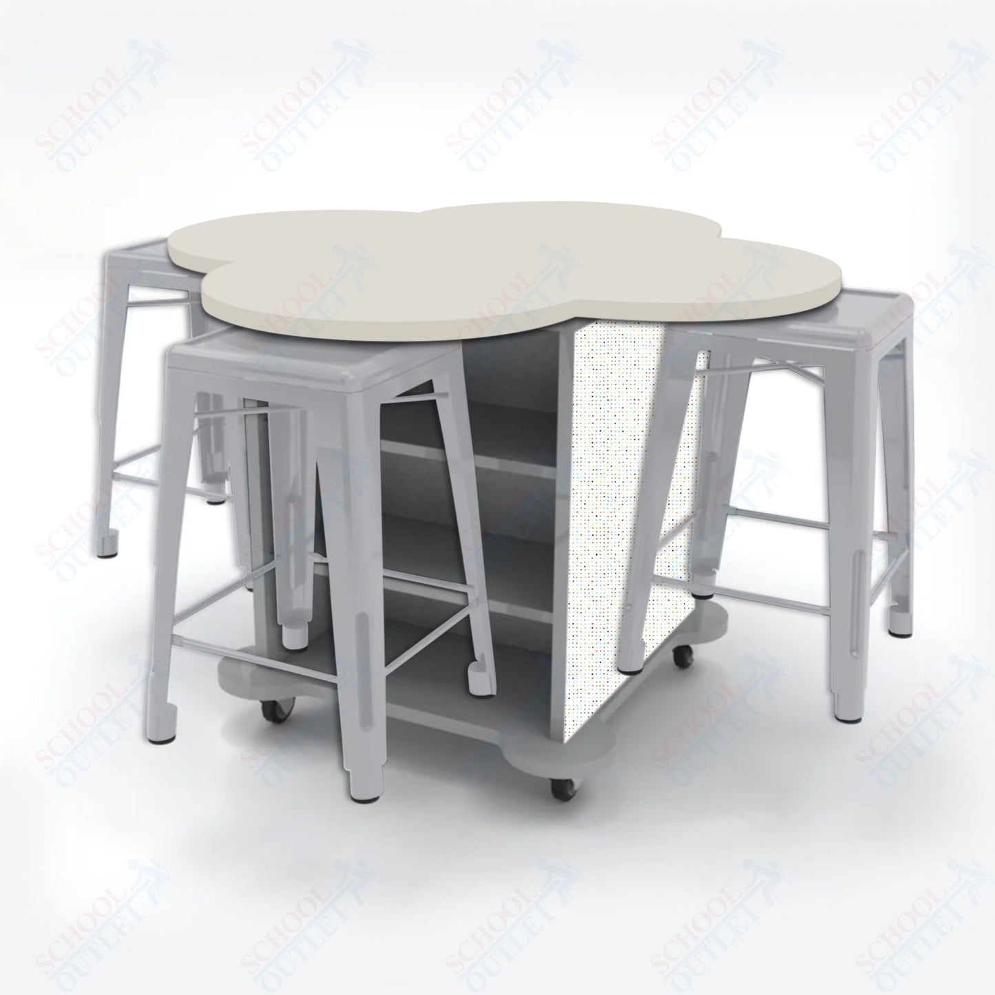 CEF Creation Cube Double-Sided Storage Table - 34"H, High-Pressure Laminate Base and Clover Top - 4 Metal Stools Included