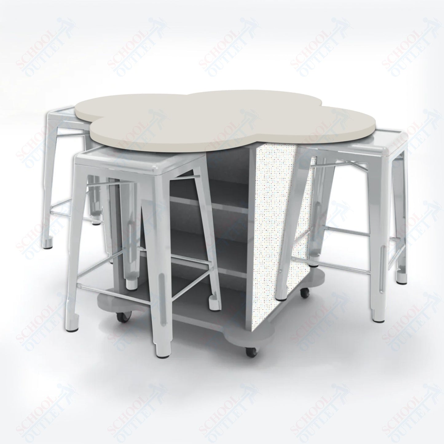CEF Creation Cube Double-Sided Storage Table - 34"H, High-Pressure Laminate Base and Clover Top - 4 Metal Stools Included