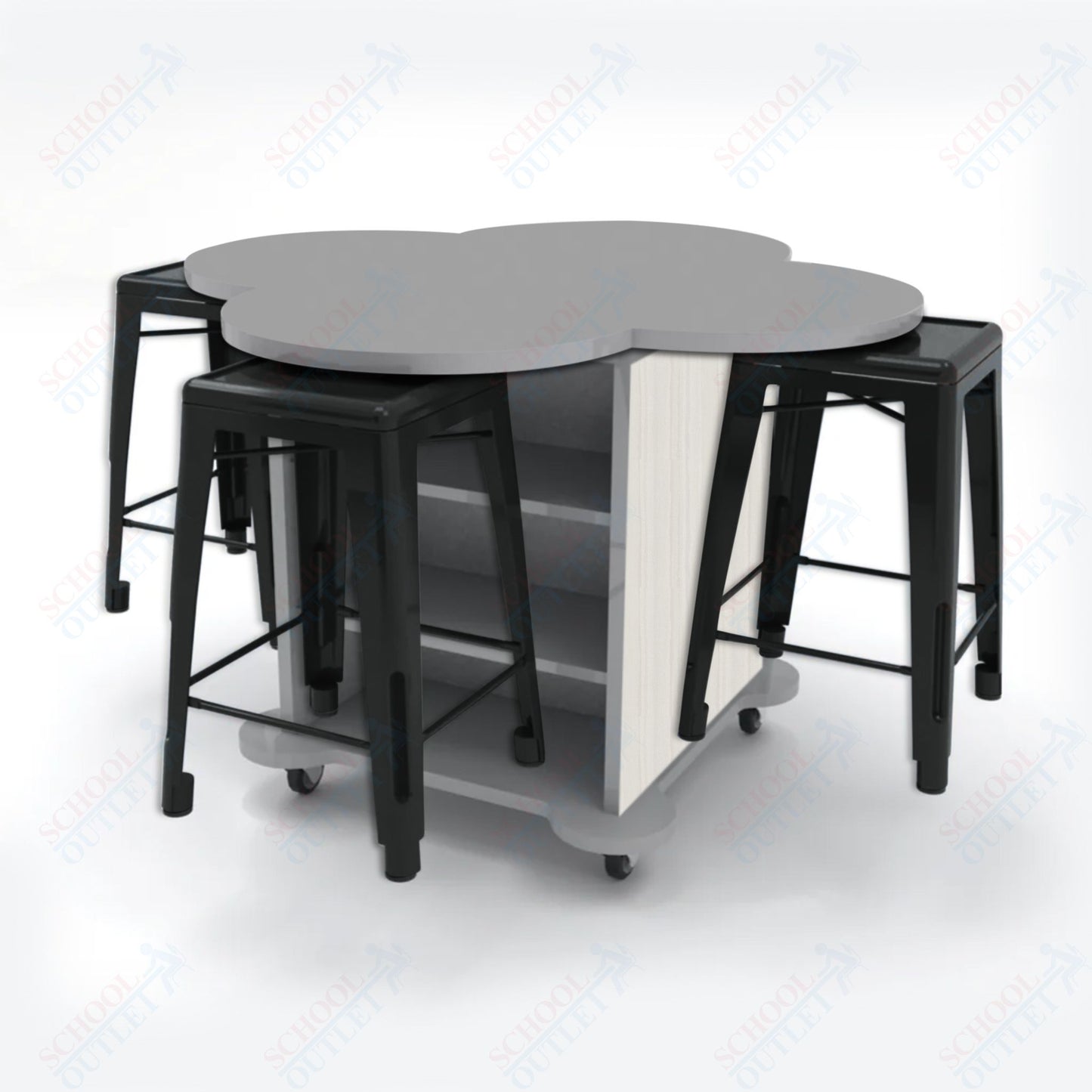 CEF Creation Cube Double-Sided Storage Table - 34"H, High-Pressure Laminate Base and Clover Top - 4 Metal Stools Included