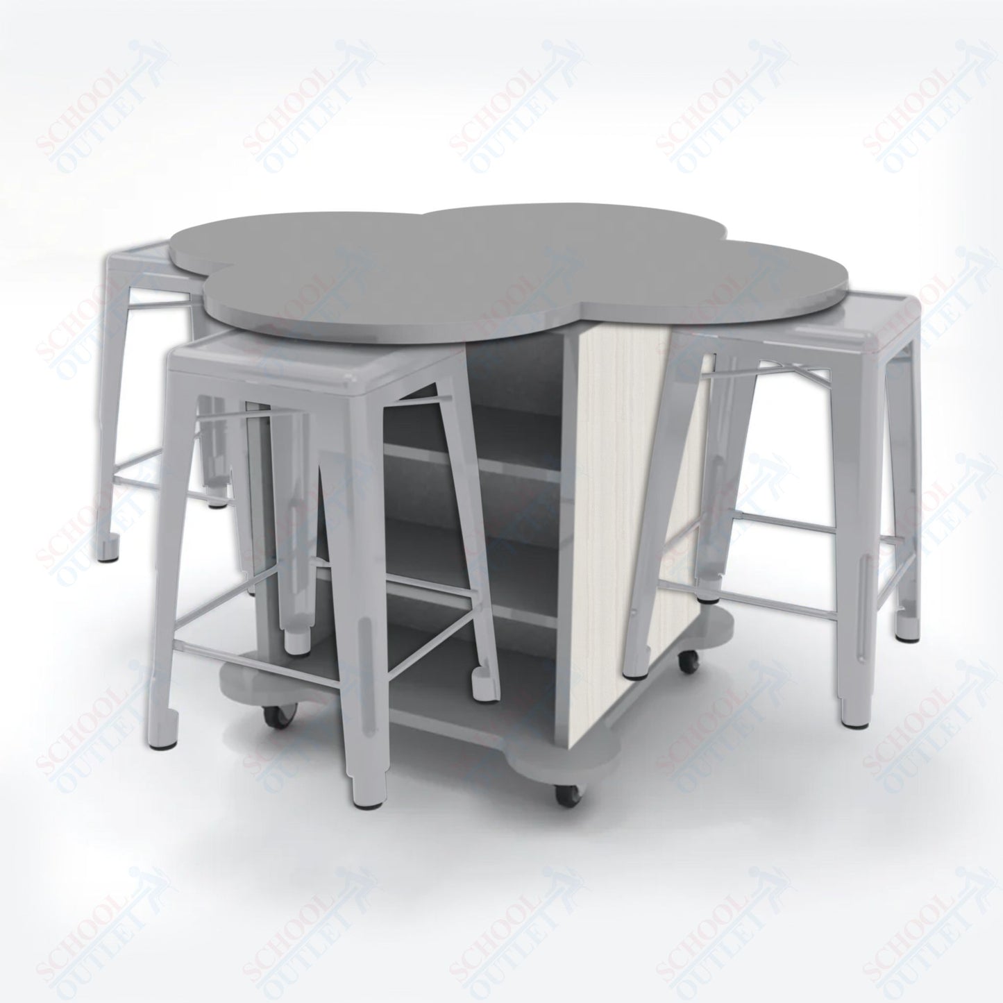 CEF Creation Cube Double-Sided Storage Table - 34"H, High-Pressure Laminate Base and Clover Top - 4 Metal Stools Included
