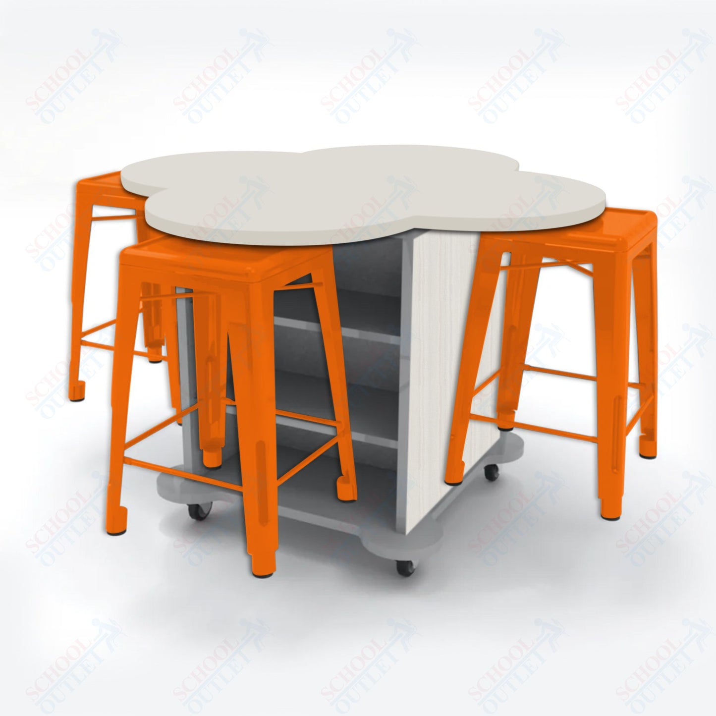 CEF Creation Cube Double-Sided Storage Table - 34"H, High-Pressure Laminate Base and Clover Top - 4 Metal Stools Included