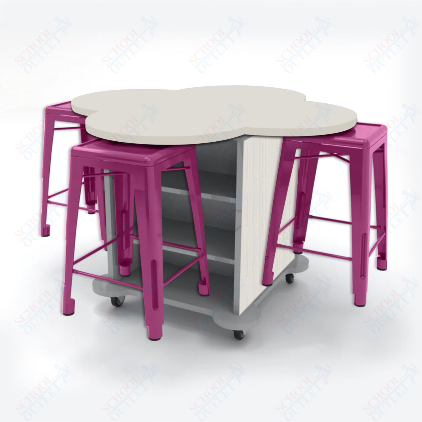 CEF Creation Cube Double-Sided Storage Table - 34"H, High-Pressure Laminate Base and Clover Top - 4 Metal Stools Included