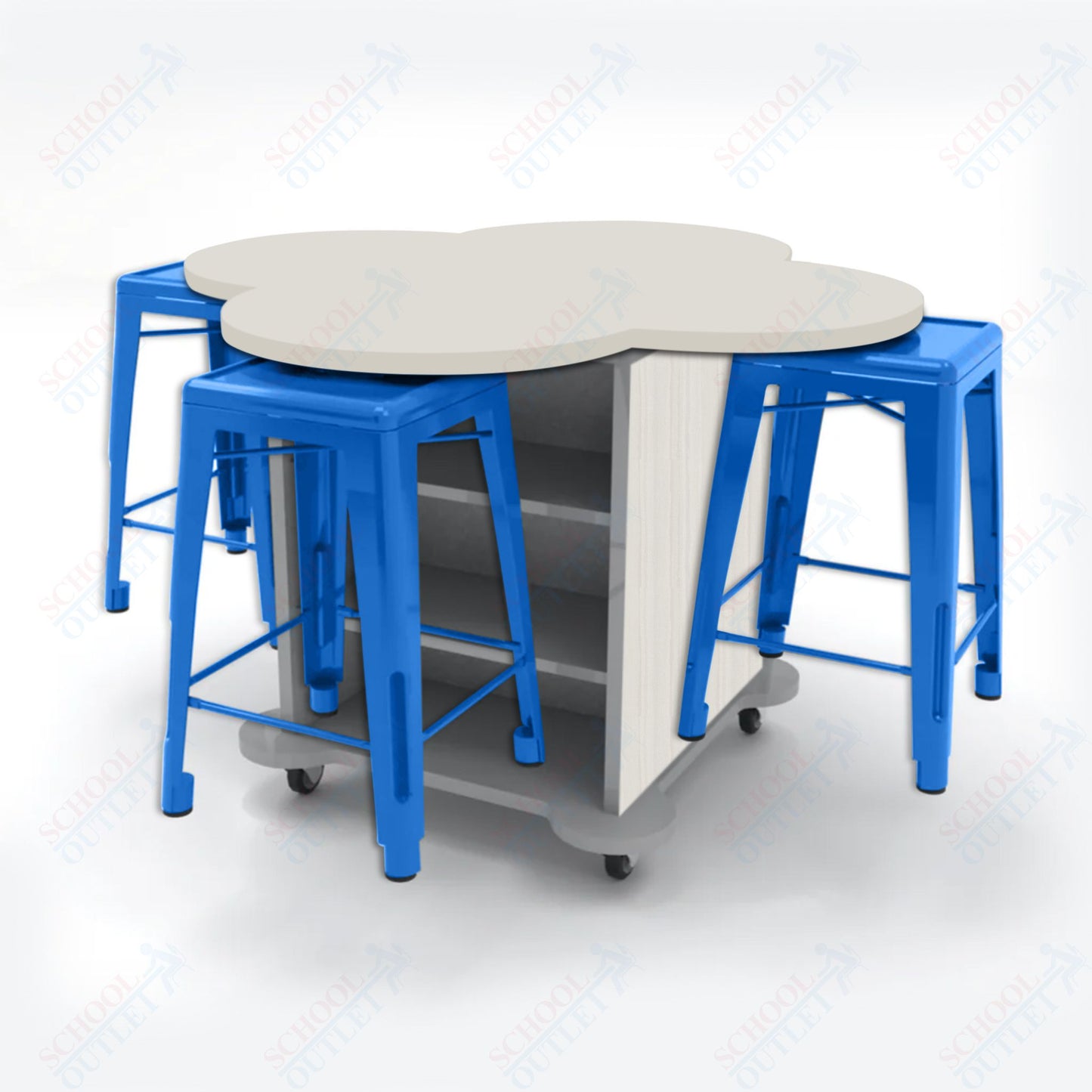 CEF Creation Cube Double-Sided Storage Table - 34"H, High-Pressure Laminate Base and Clover Top - 4 Metal Stools Included