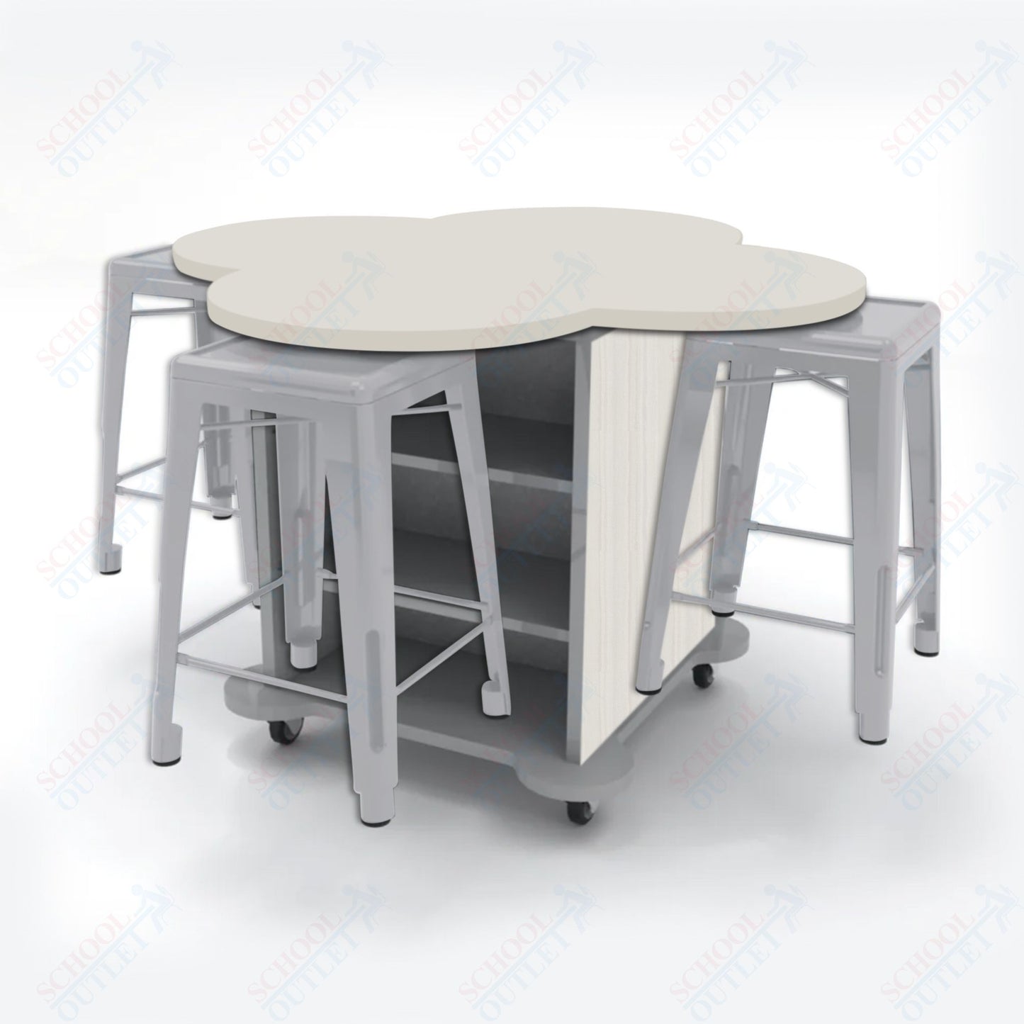 CEF Creation Cube Double-Sided Storage Table - 34"H, High-Pressure Laminate Base and Clover Top - 4 Metal Stools Included