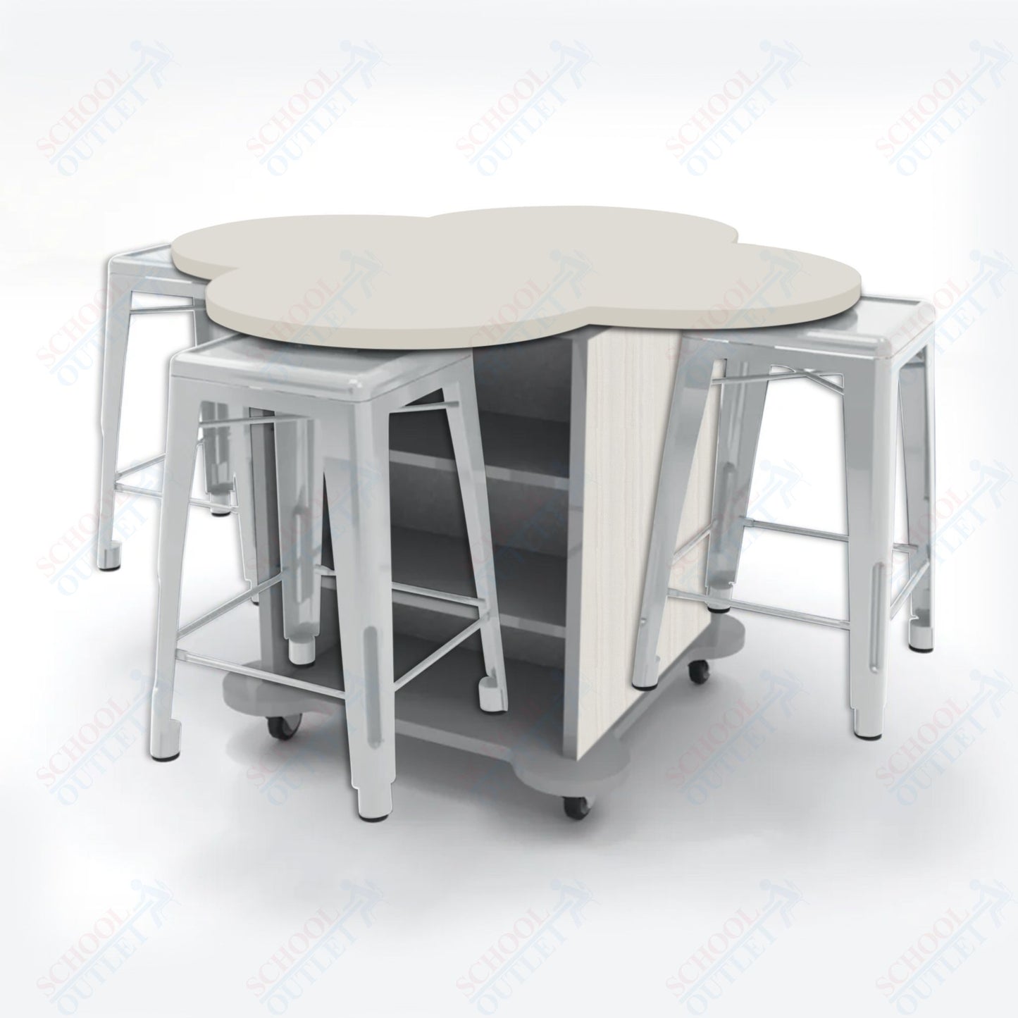 CEF Creation Cube Double-Sided Storage Table - 34"H, High-Pressure Laminate Base and Clover Top - 4 Metal Stools Included