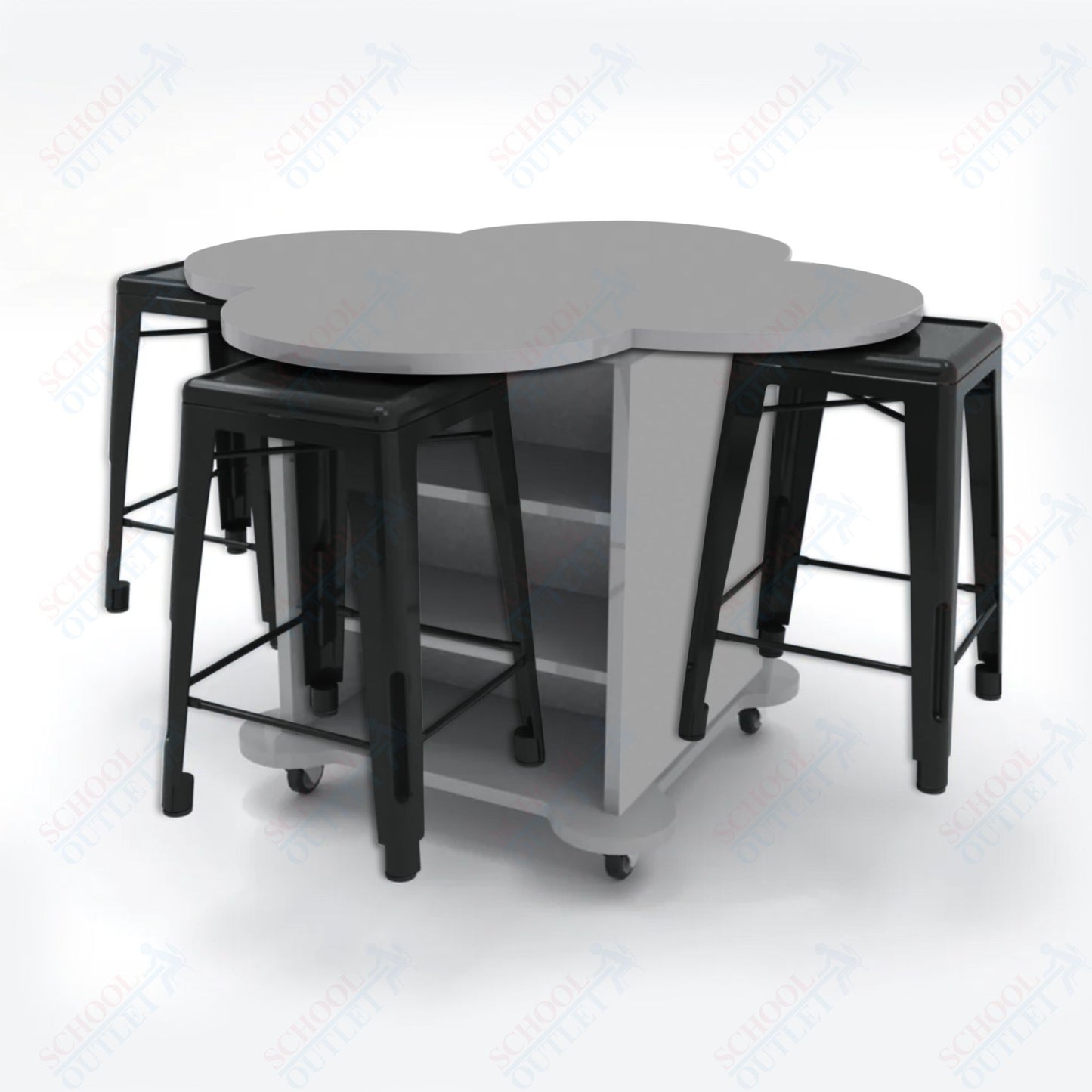 CEF Creation Cube Double-Sided Storage Table - 34"H, High-Pressure Laminate Base and Clover Top - 4 Metal Stools Included