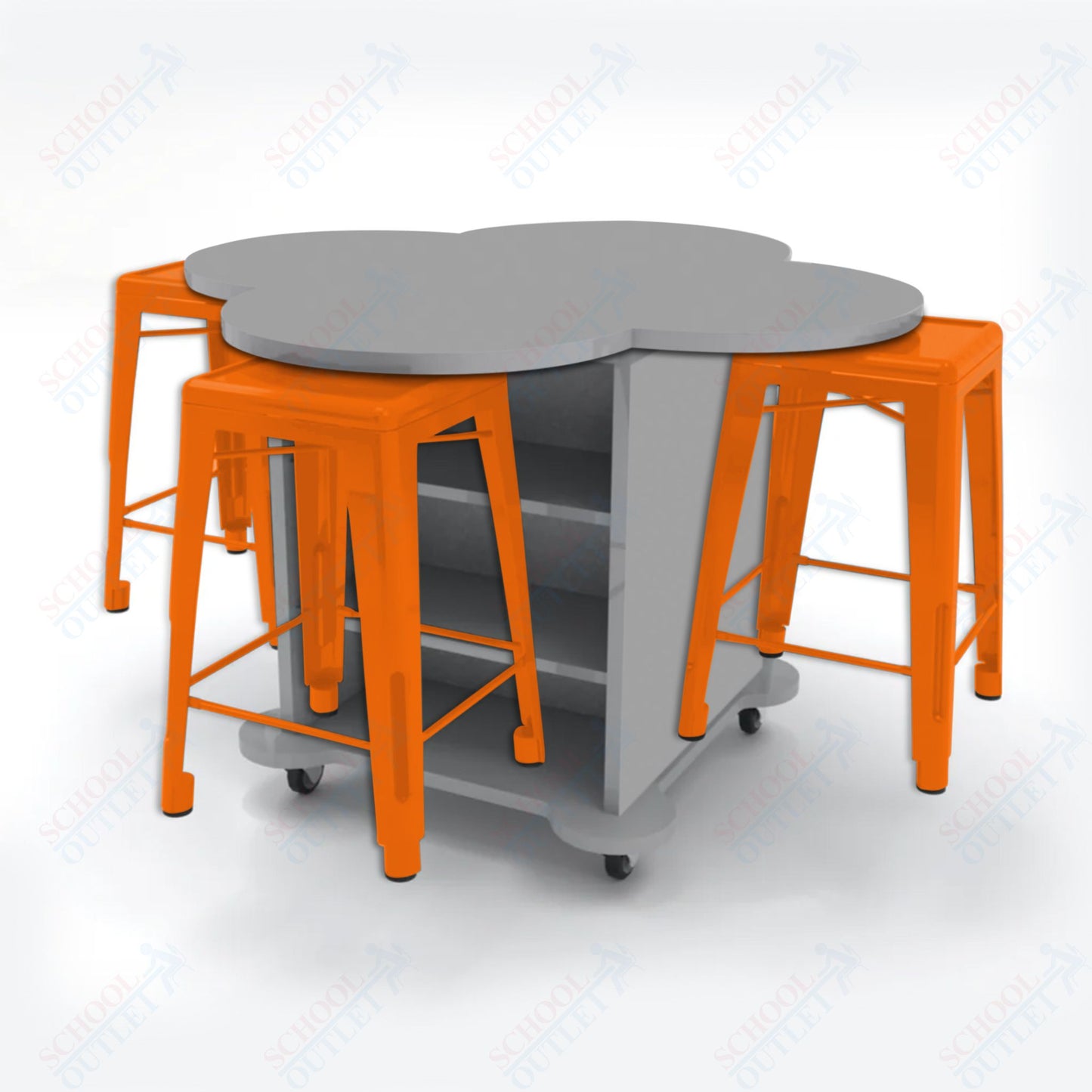 CEF Creation Cube Double-Sided Storage Table - 34"H, High-Pressure Laminate Base and Clover Top - 4 Metal Stools Included