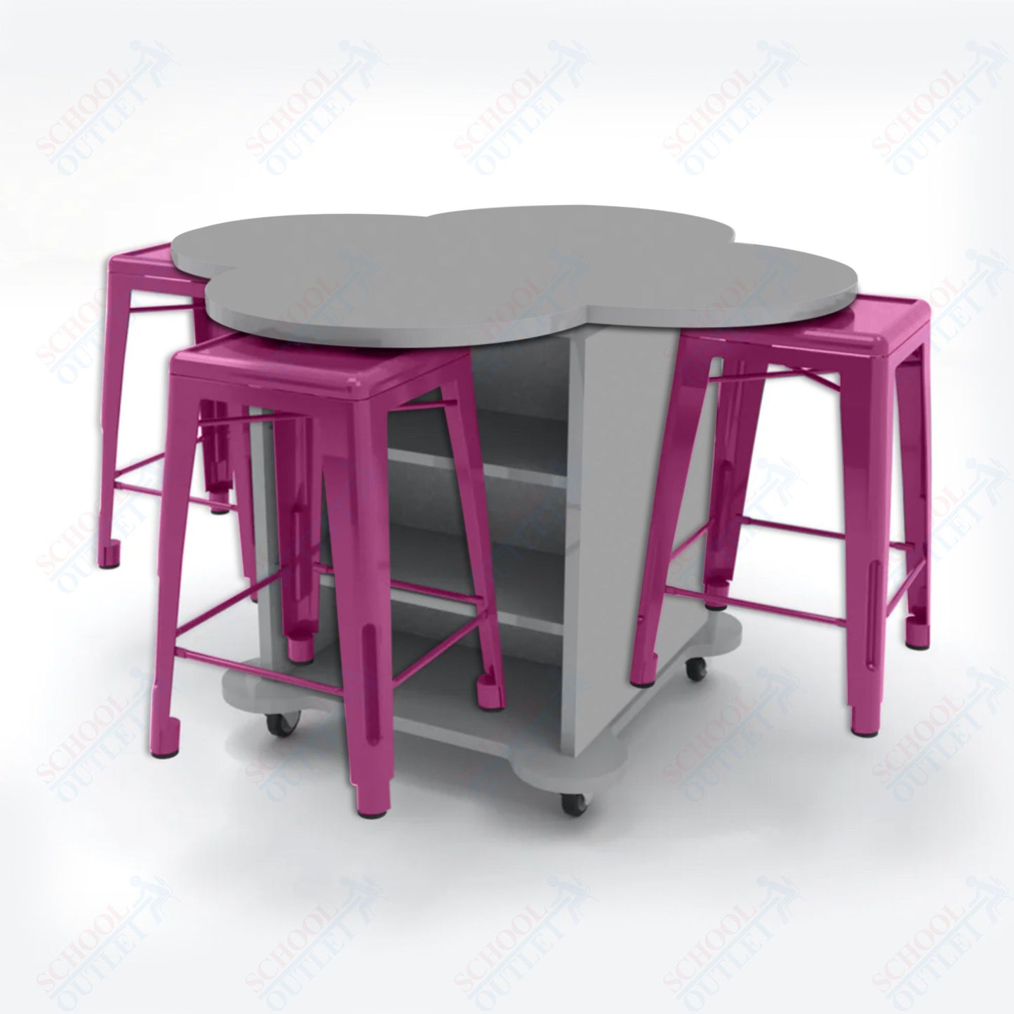 CEF Creation Cube Double-Sided Storage Table - 34"H, High-Pressure Laminate Base and Clover Top - 4 Metal Stools Included