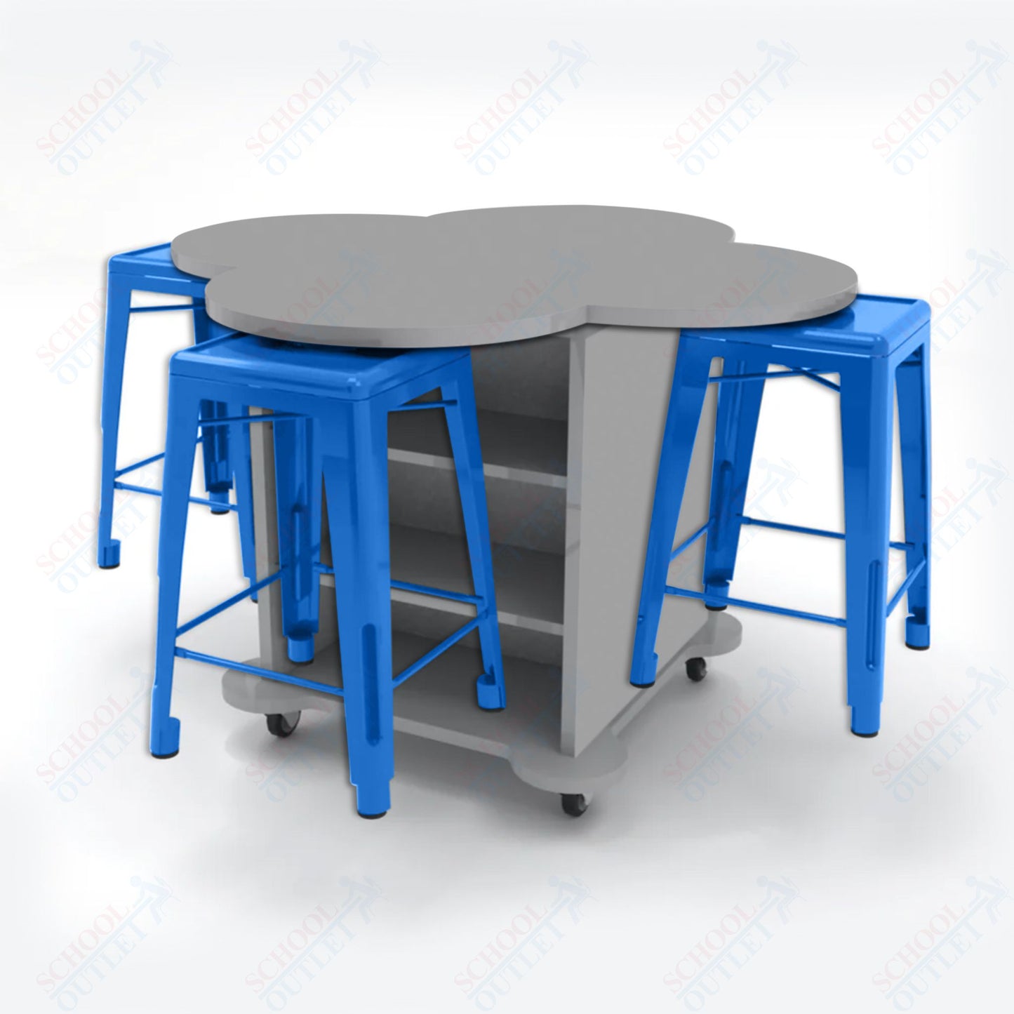 CEF Creation Cube Double-Sided Storage Table - 34"H, High-Pressure Laminate Base and Clover Top - 4 Metal Stools Included
