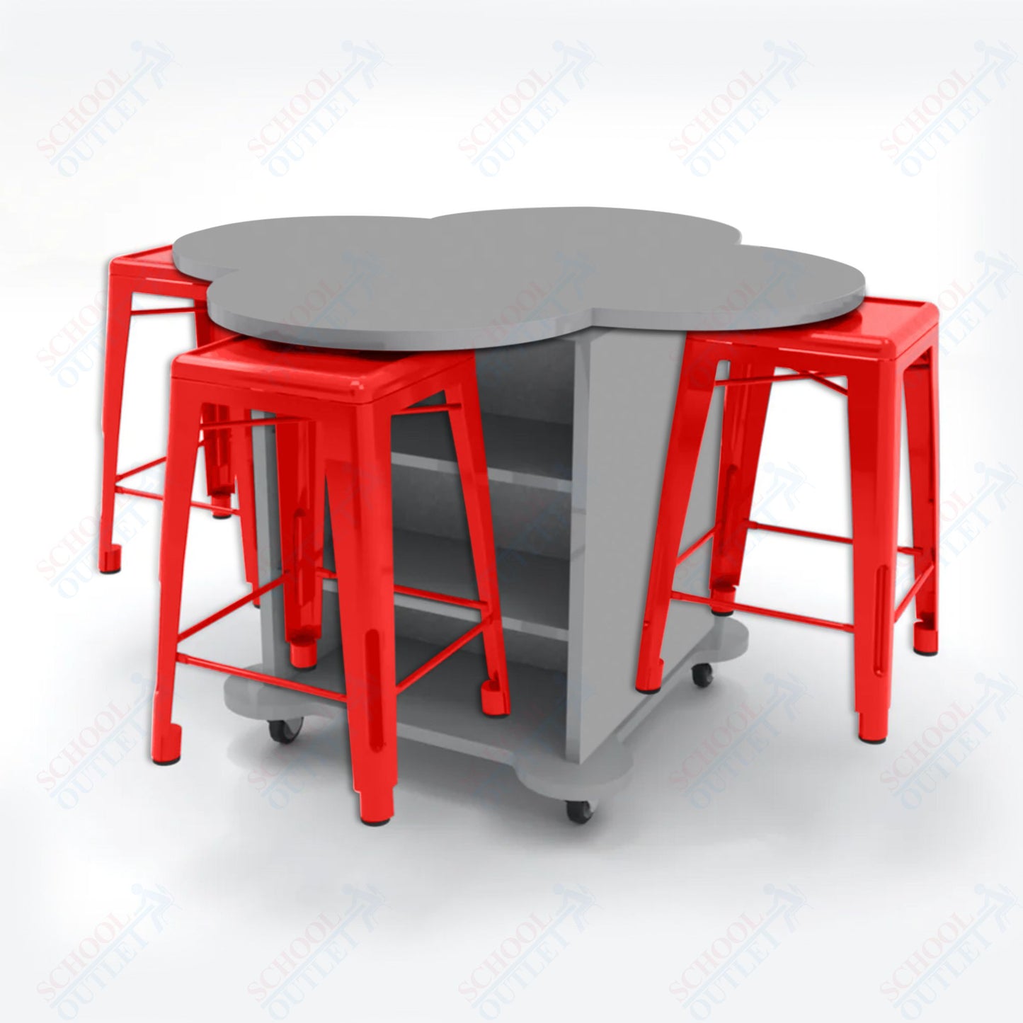 CEF Creation Cube Double-Sided Storage Table - 34"H, High-Pressure Laminate Base and Clover Top - 4 Metal Stools Included