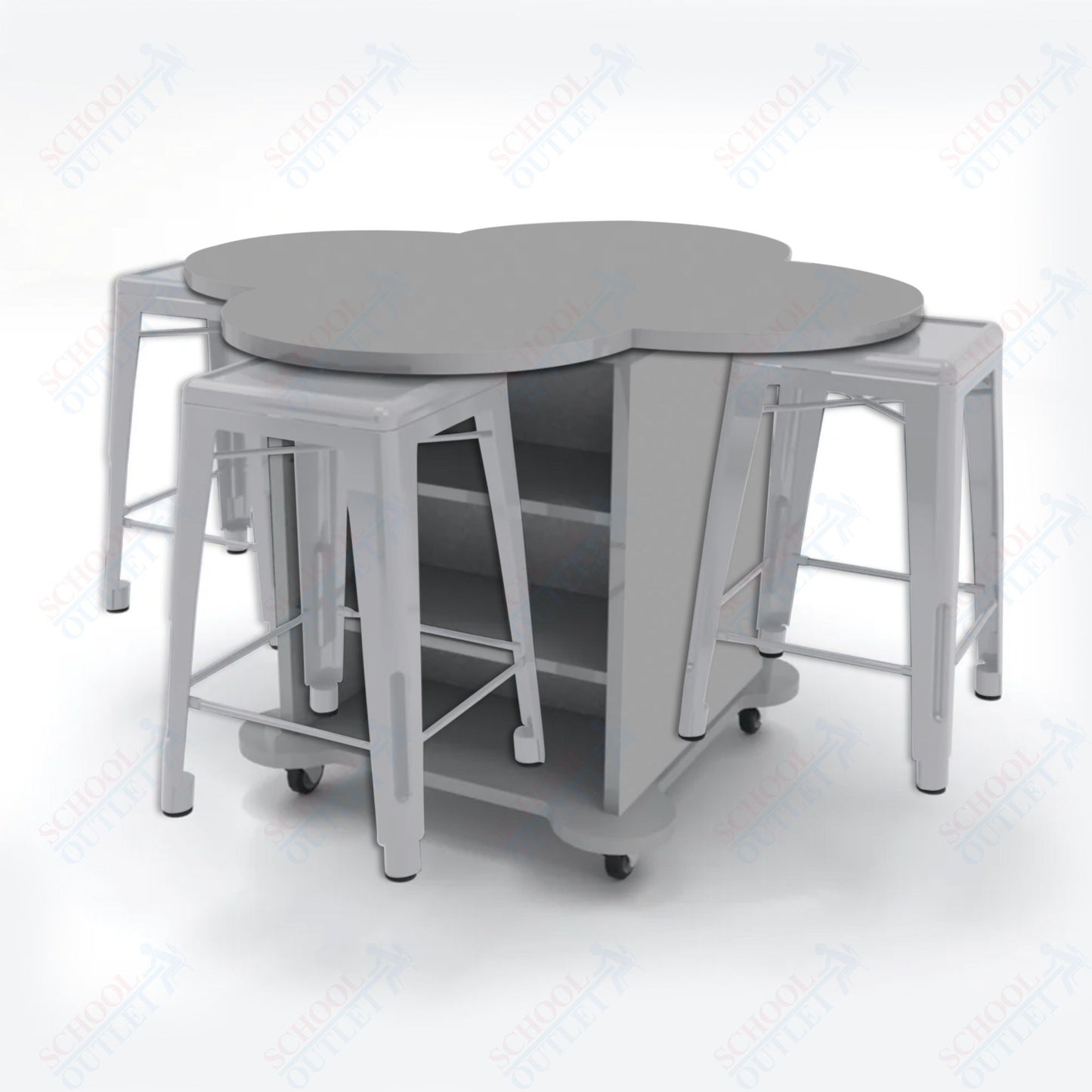 CEF Creation Cube Double-Sided Storage Table - 34"H, High-Pressure Laminate Base and Clover Top - 4 Metal Stools Included