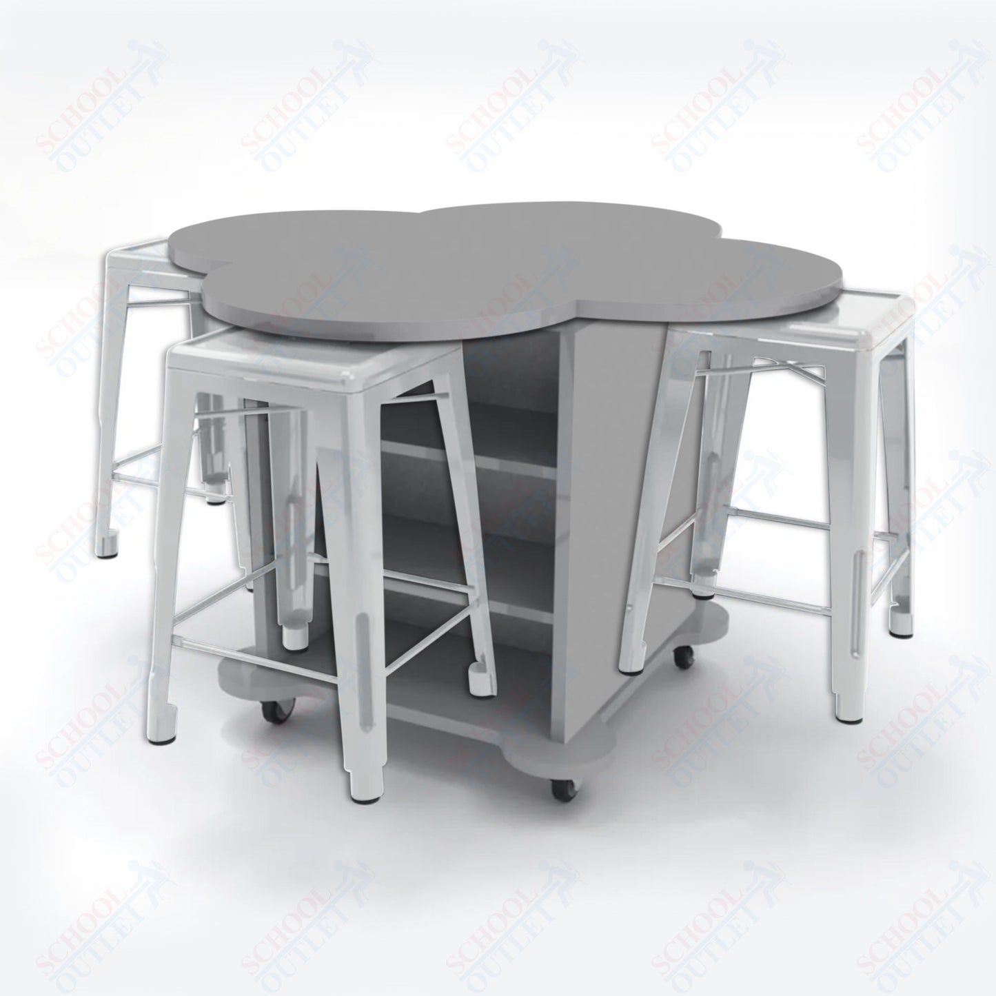 CEF Creation Cube Double-Sided Storage Table - 34"H, High-Pressure Laminate Base and Clover Top - 4 Metal Stools Included