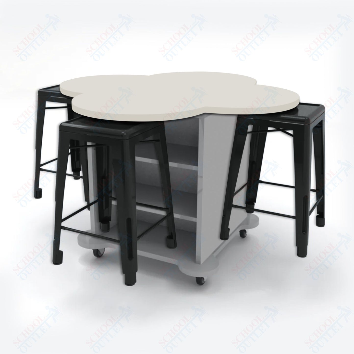 CEF Creation Cube Double-Sided Storage Table - 34"H, High-Pressure Laminate Base and Clover Top - 4 Metal Stools Included