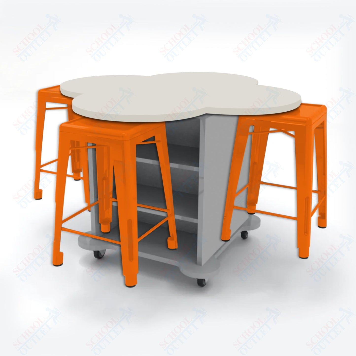 CEF Creation Cube Double-Sided Storage Table - 34"H, High-Pressure Laminate Base and Clover Top - 4 Metal Stools Included