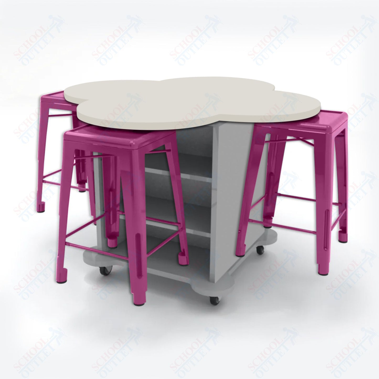 CEF Creation Cube Double-Sided Storage Table - 34"H, High-Pressure Laminate Base and Clover Top - 4 Metal Stools Included