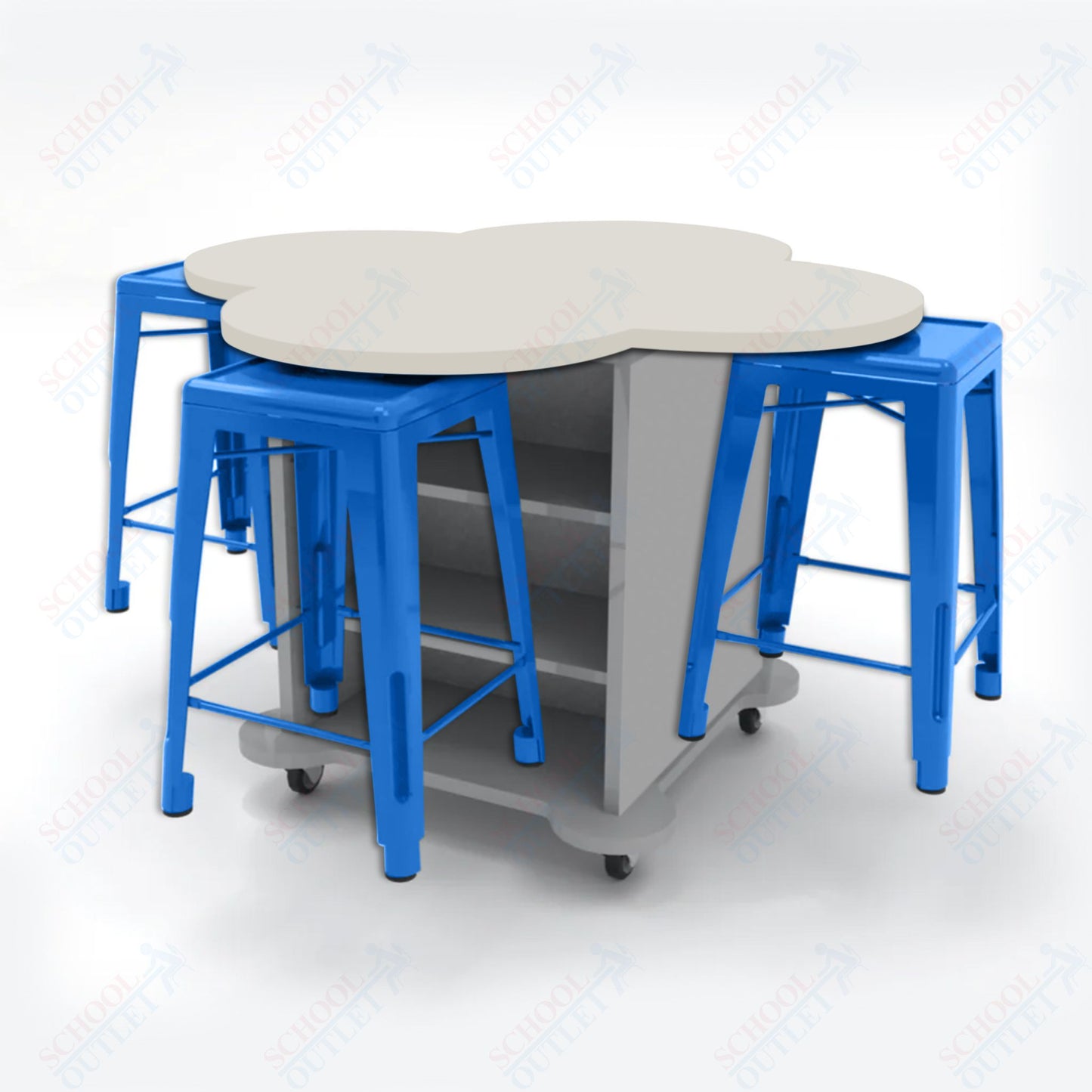 CEF Creation Cube Double-Sided Storage Table - 34"H, High-Pressure Laminate Base and Clover Top - 4 Metal Stools Included