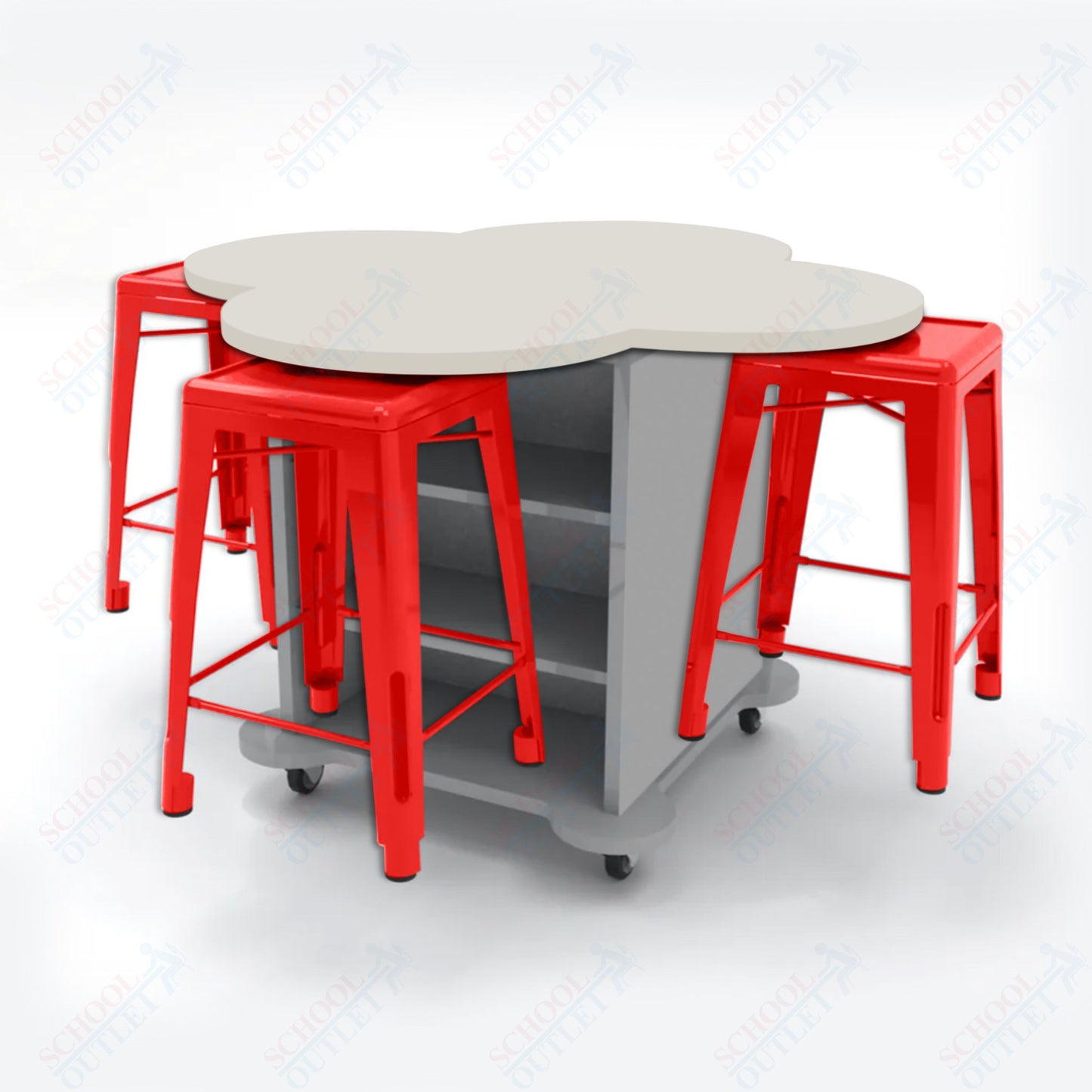 CEF Creation Cube Double-Sided Storage Table - 34"H, High-Pressure Laminate Base and Clover Top - 4 Metal Stools Included