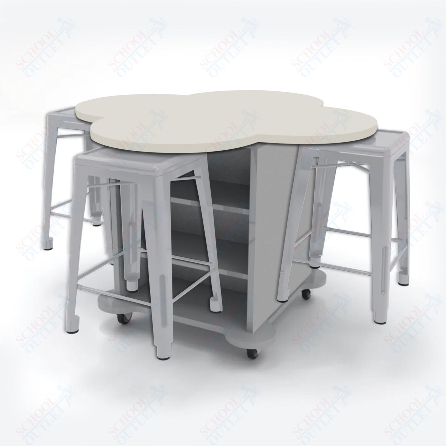 CEF Creation Cube Double-Sided Storage Table - 34"H, High-Pressure Laminate Base and Clover Top - 4 Metal Stools Included