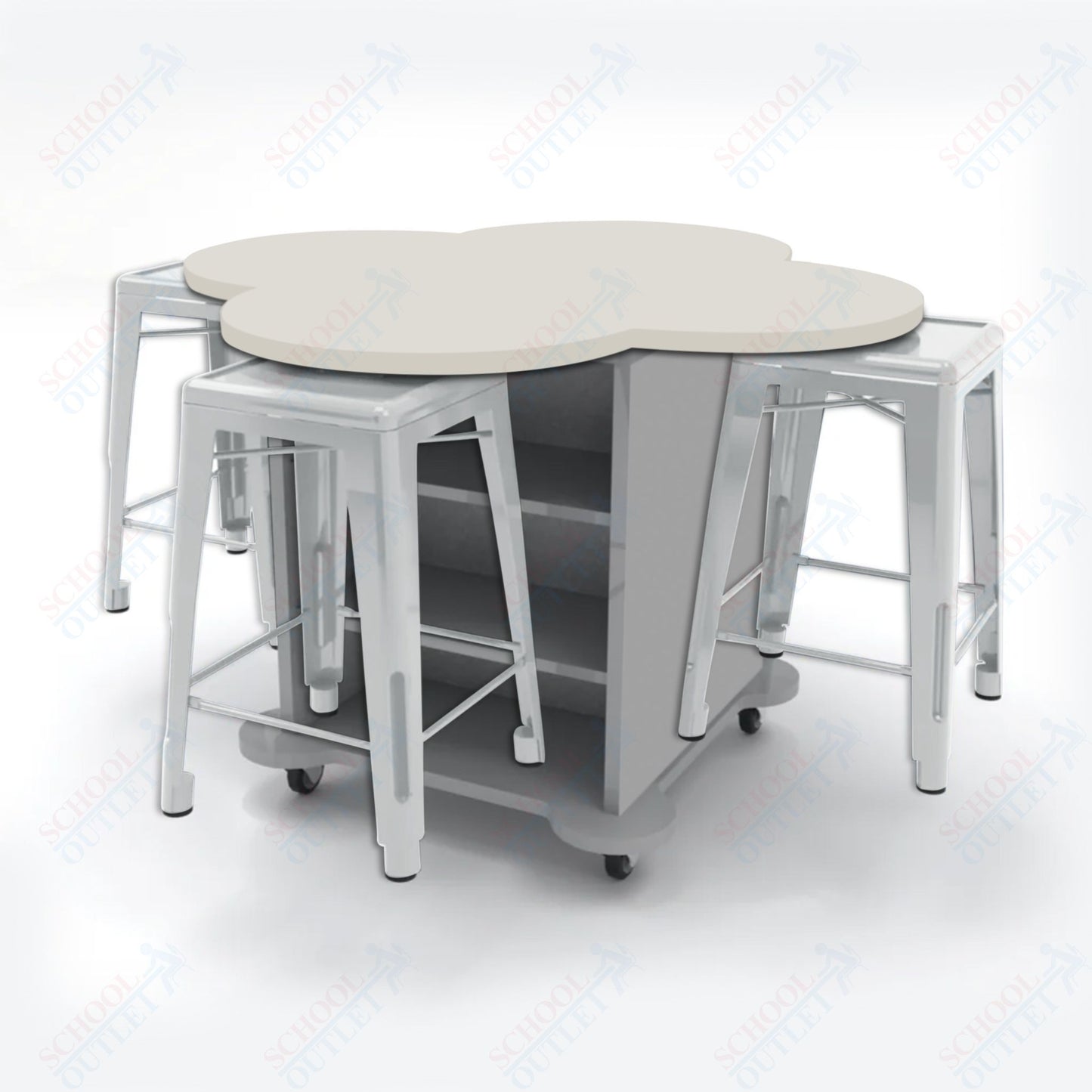 CEF Creation Cube Double-Sided Storage Table - 34"H, High-Pressure Laminate Base and Clover Top - 4 Metal Stools Included