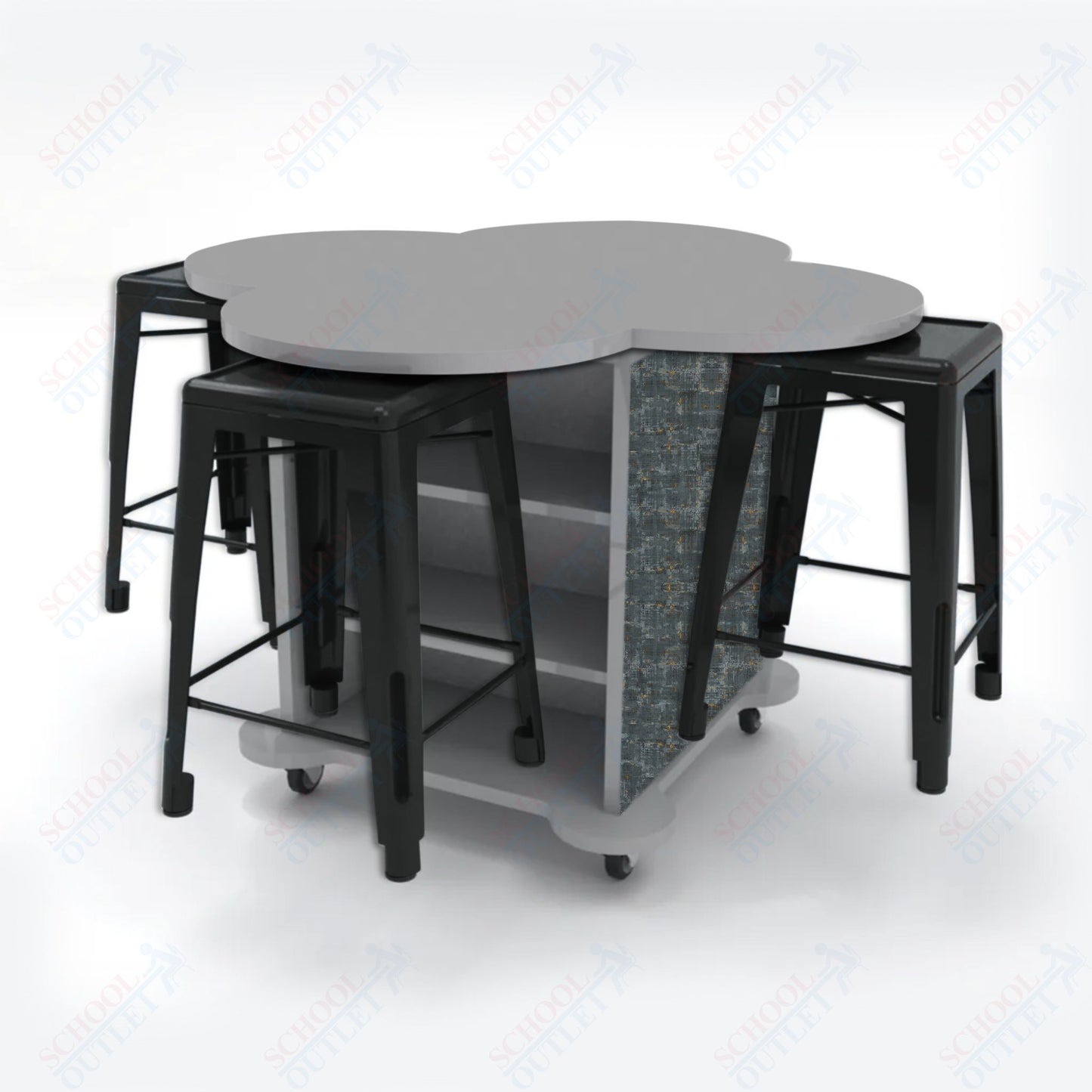 CEF Creation Cube Double-Sided Storage Table - 34"H, High-Pressure Laminate Base and Clover Top - 4 Metal Stools Included