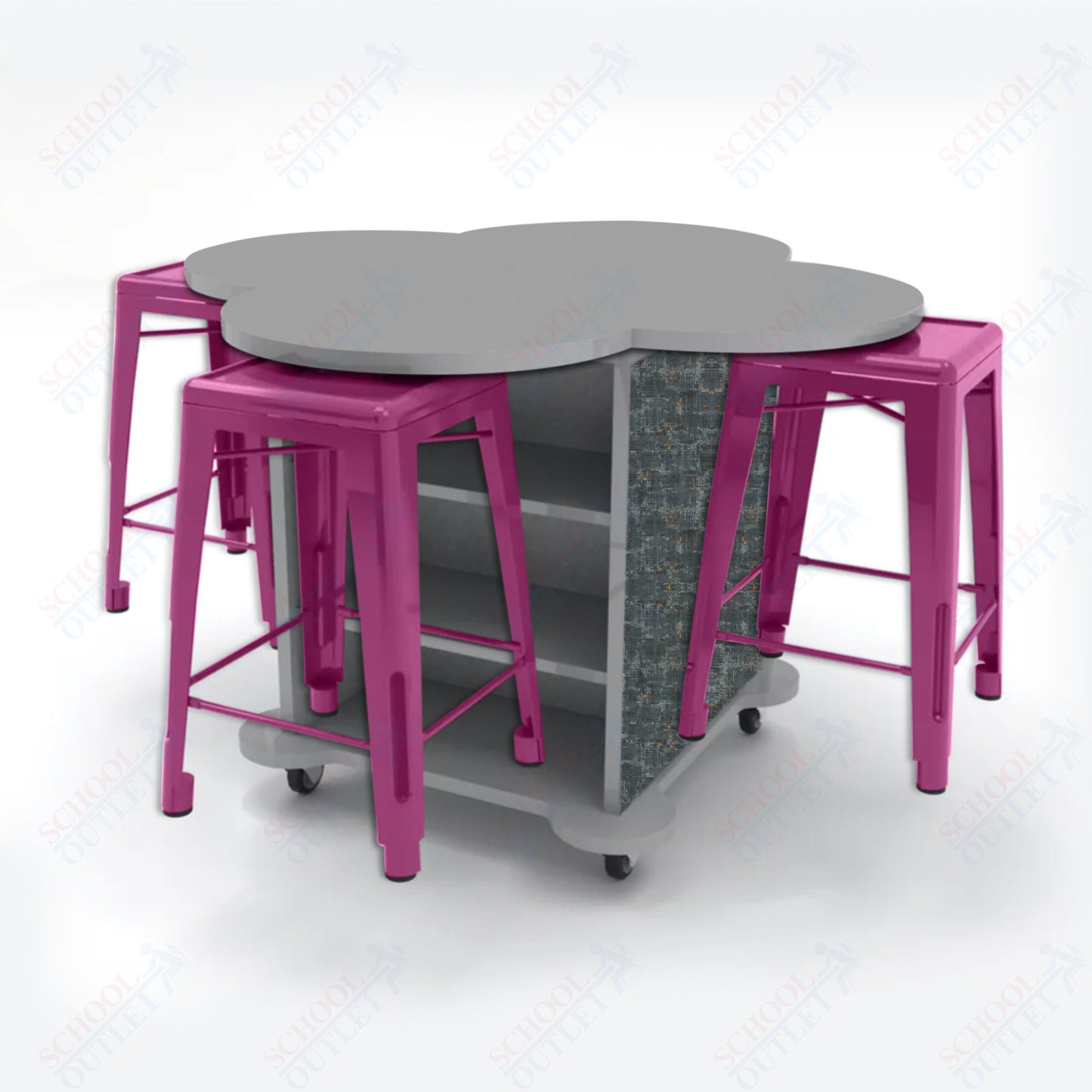 CEF Creation Cube Double-Sided Storage Table - 34"H, High-Pressure Laminate Base and Clover Top - 4 Metal Stools Included