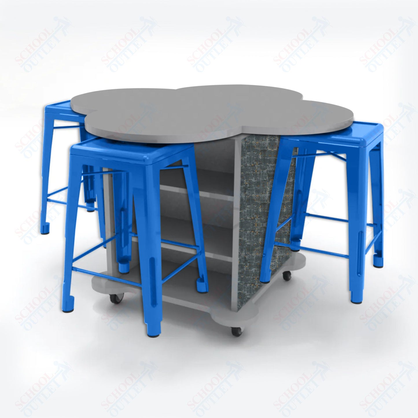 CEF Creation Cube Double-Sided Storage Table - 34"H, High-Pressure Laminate Base and Clover Top - 4 Metal Stools Included