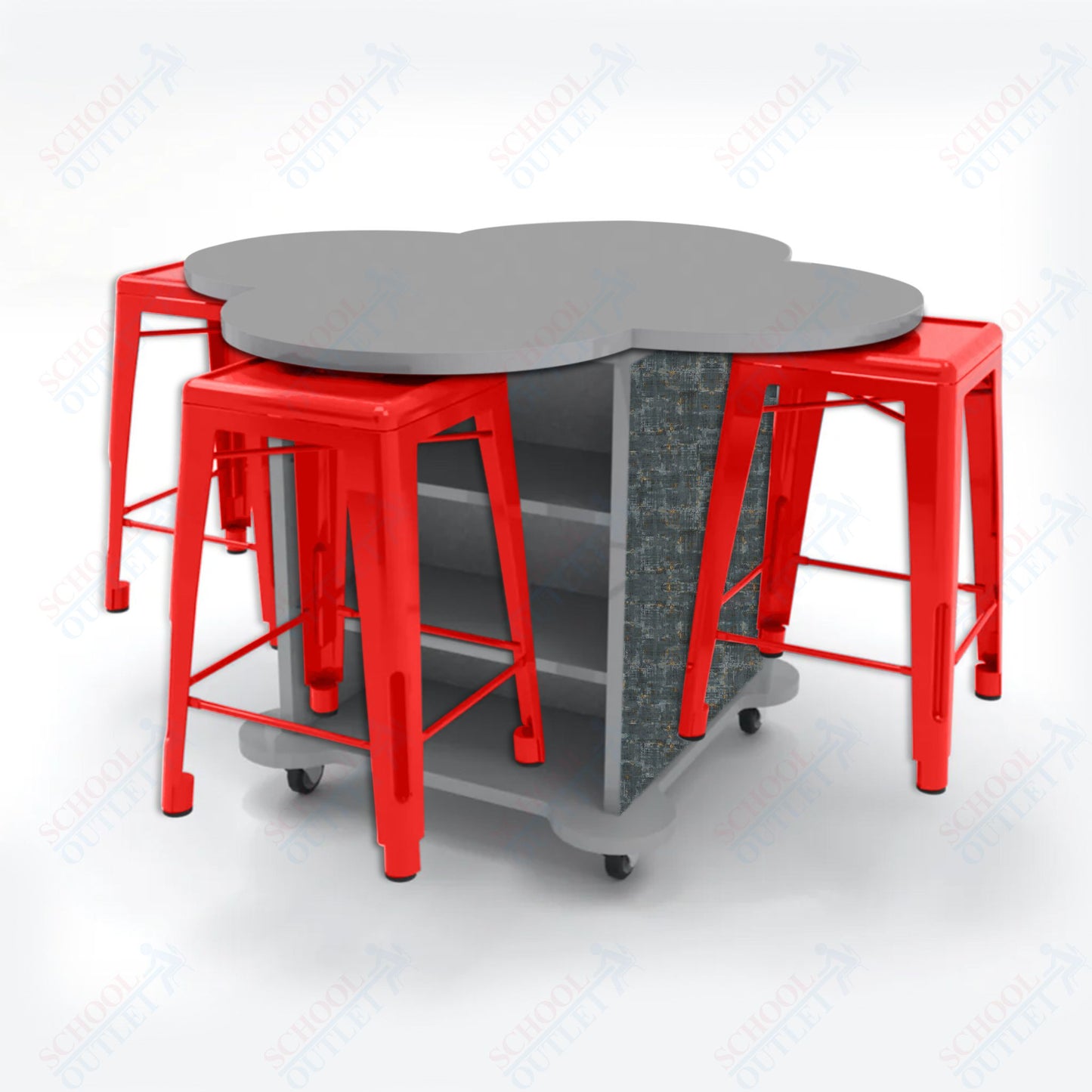 CEF Creation Cube Double-Sided Storage Table - 34"H, High-Pressure Laminate Base and Clover Top - 4 Metal Stools Included