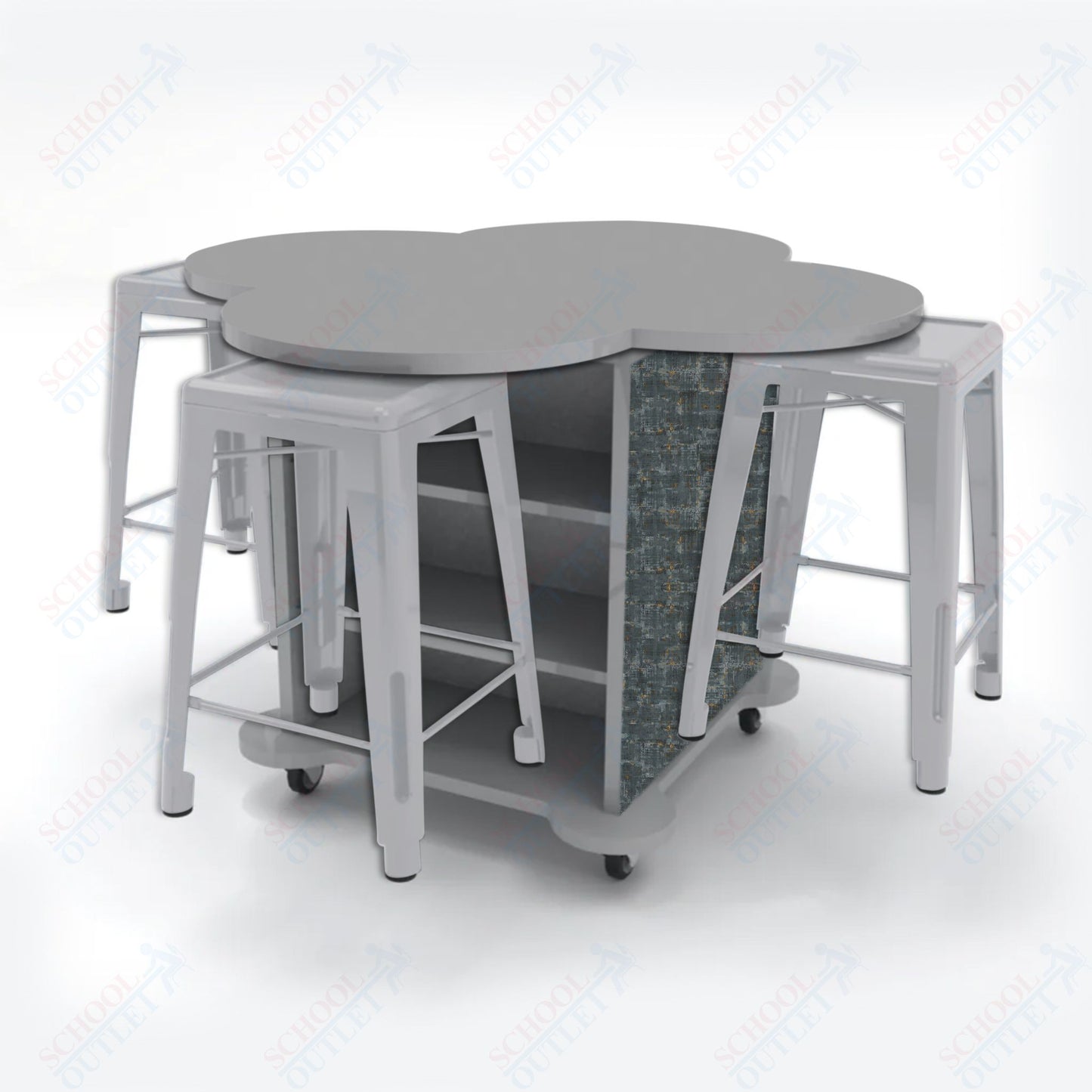 CEF Creation Cube Double-Sided Storage Table - 34"H, High-Pressure Laminate Base and Clover Top - 4 Metal Stools Included