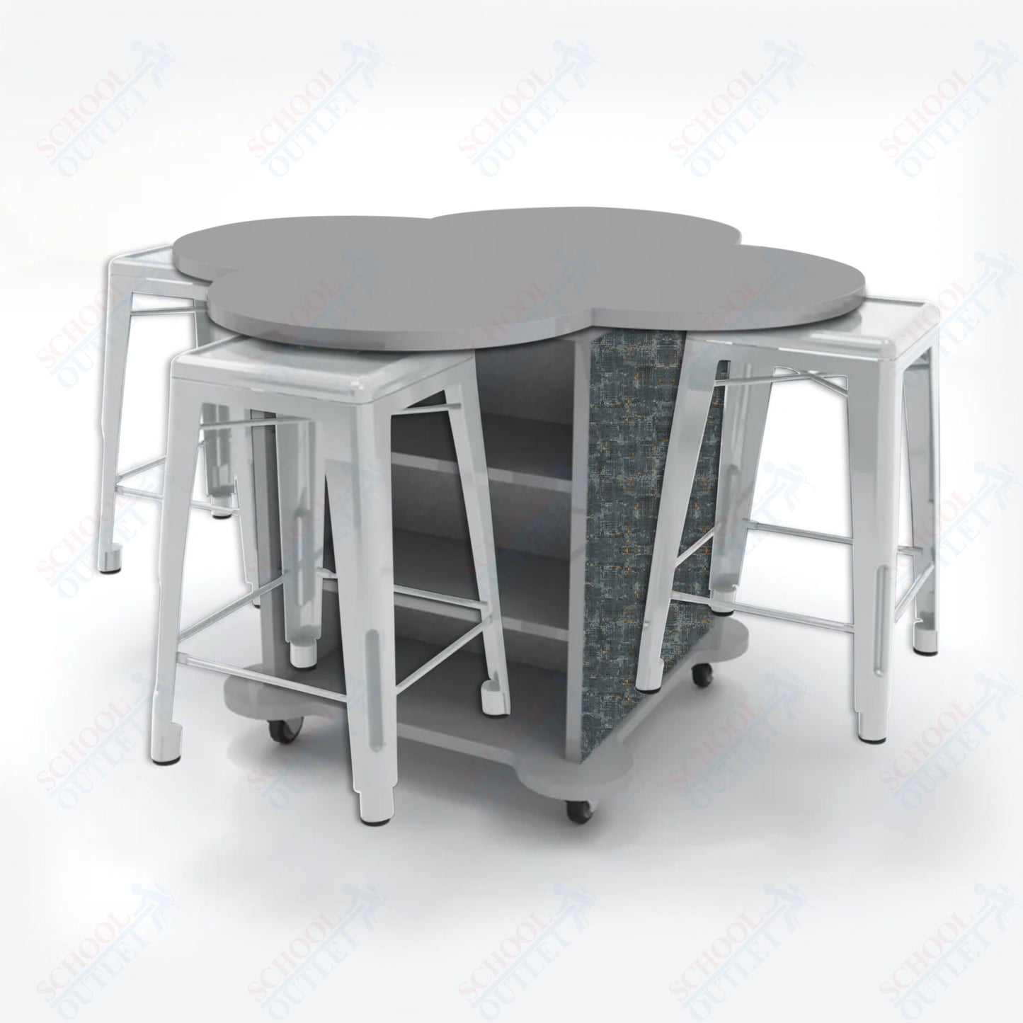 CEF Creation Cube Double-Sided Storage Table - 34"H, High-Pressure Laminate Base and Clover Top - 4 Metal Stools Included