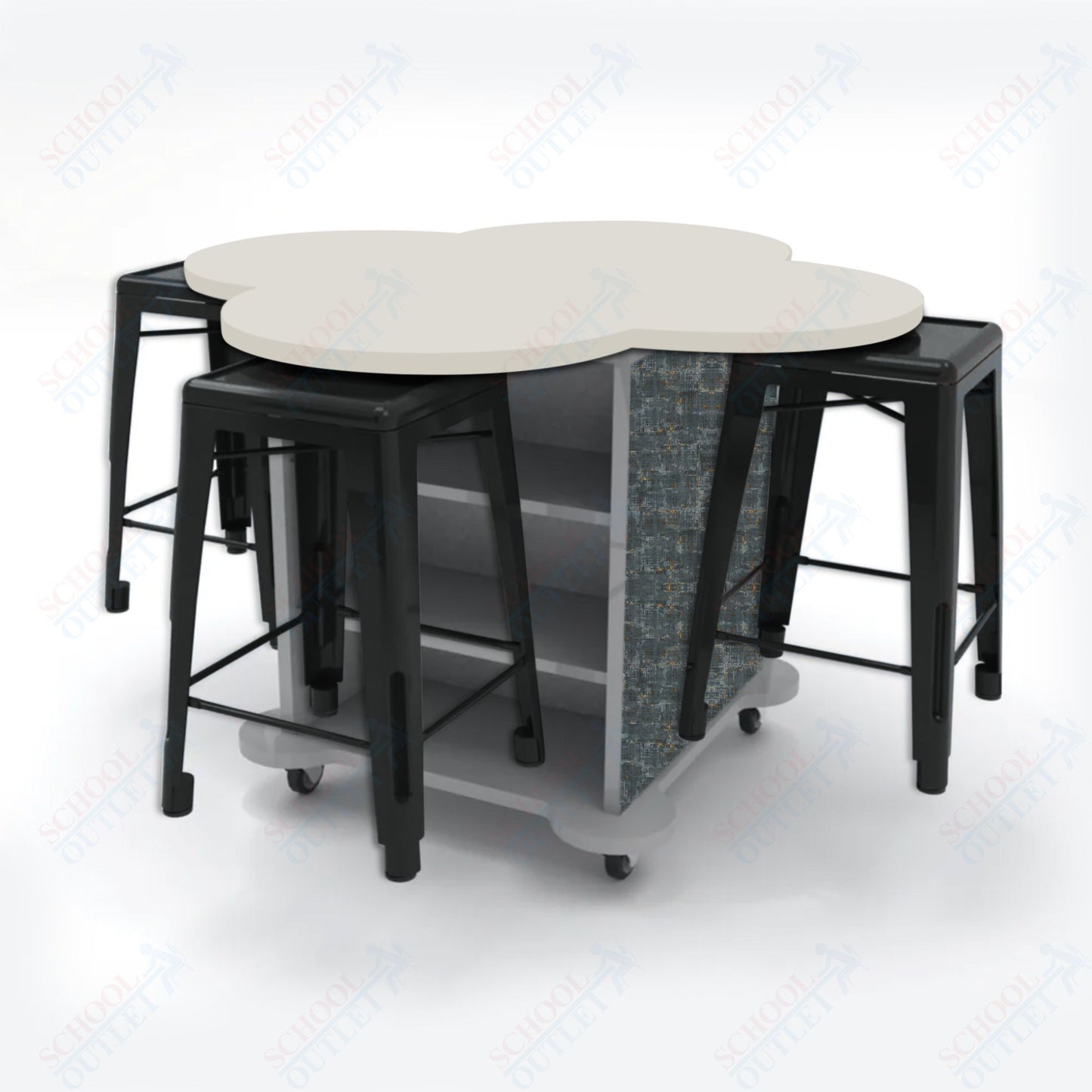 CEF Creation Cube Double-Sided Storage Table - 34"H, High-Pressure Laminate Base and Clover Top - 4 Metal Stools Included