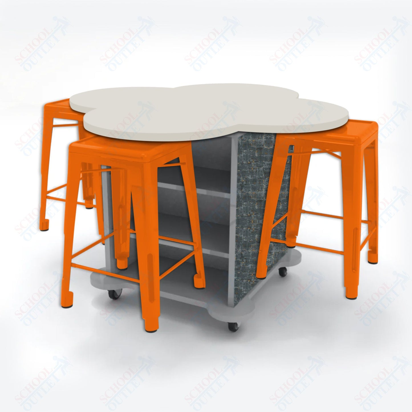 CEF Creation Cube Double-Sided Storage Table - 34"H, High-Pressure Laminate Base and Clover Top - 4 Metal Stools Included