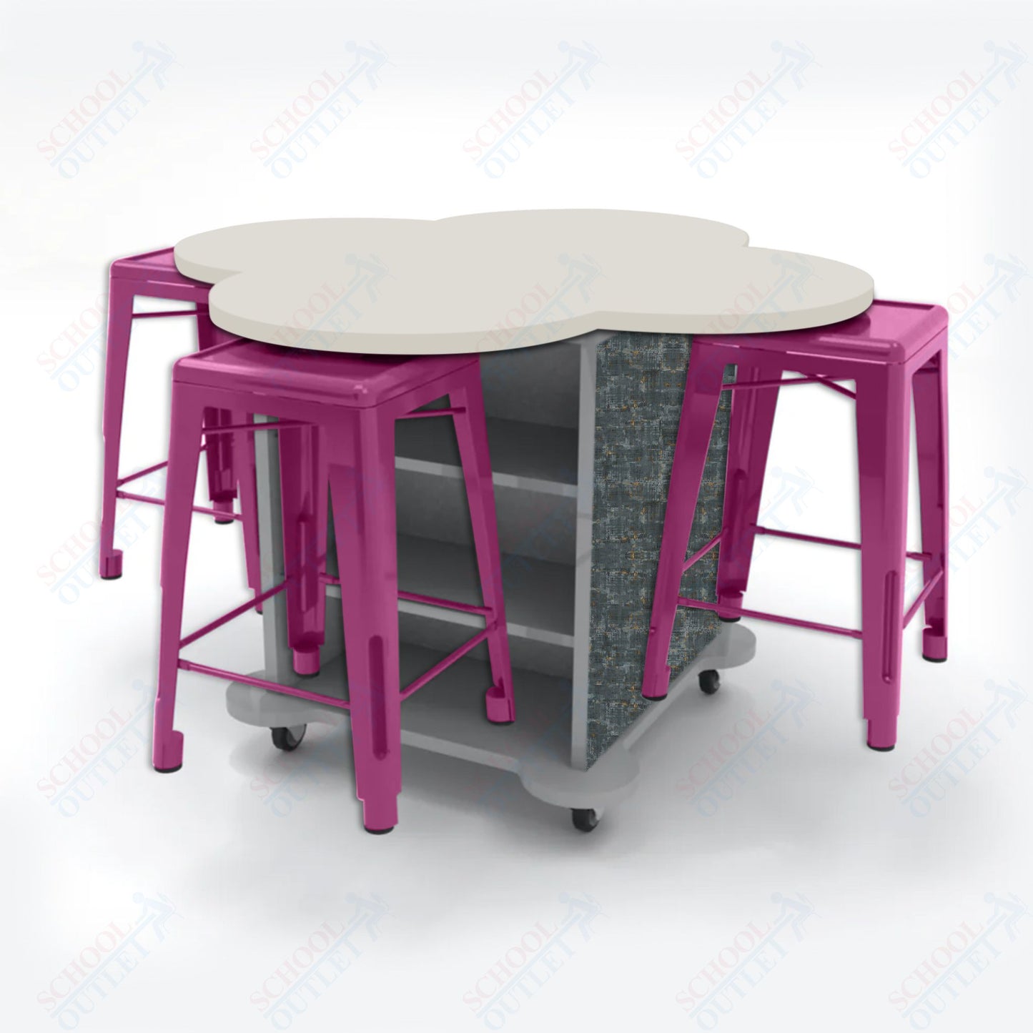 CEF Creation Cube Double-Sided Storage Table - 34"H, High-Pressure Laminate Base and Clover Top - 4 Metal Stools Included