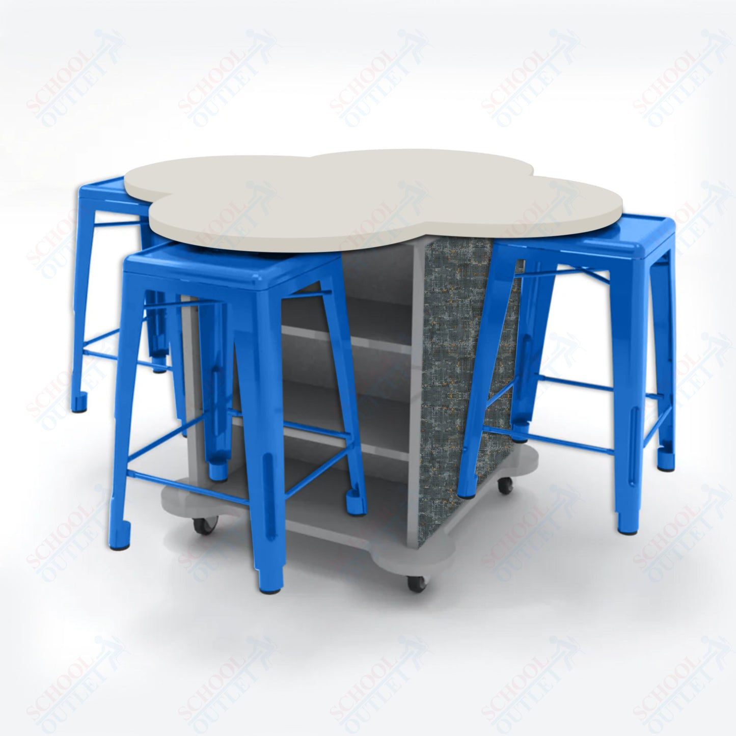 CEF Creation Cube Double-Sided Storage Table - 34"H, High-Pressure Laminate Base and Clover Top - 4 Metal Stools Included