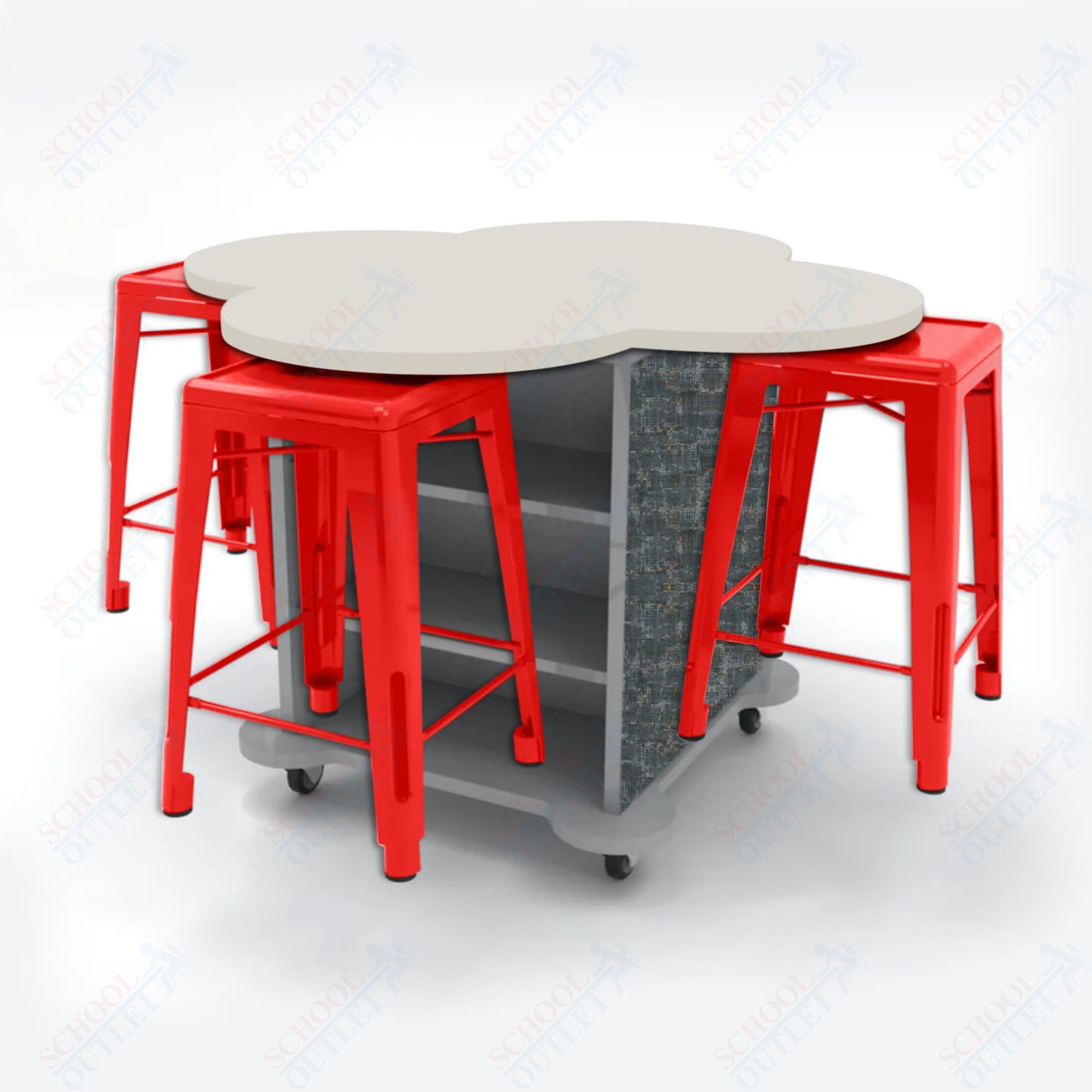CEF Creation Cube Double-Sided Storage Table - 34"H, High-Pressure Laminate Base and Clover Top - 4 Metal Stools Included