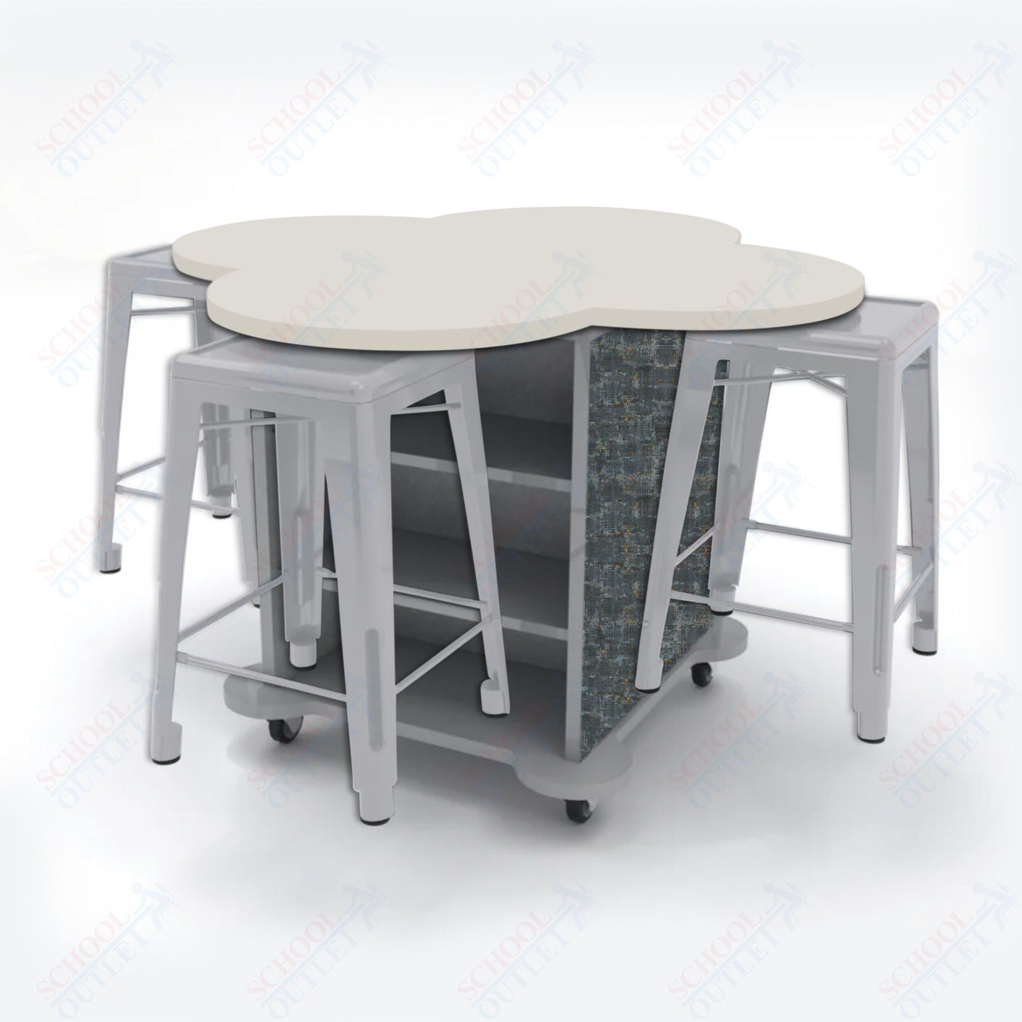 CEF Creation Cube Double-Sided Storage Table - 34"H, High-Pressure Laminate Base and Clover Top - 4 Metal Stools Included