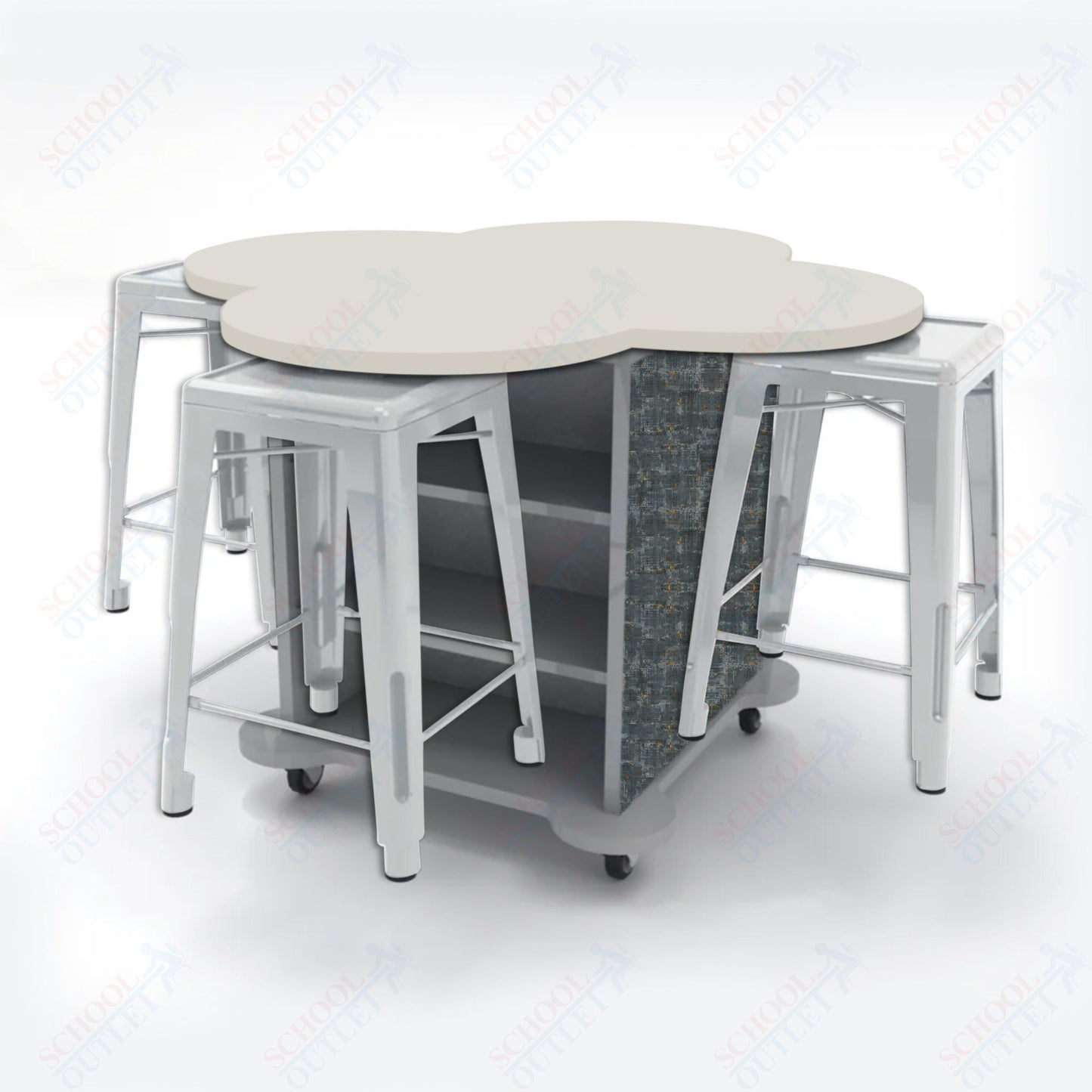 CEF Creation Cube Double-Sided Storage Table - 34"H, High-Pressure Laminate Base and Clover Top - 4 Metal Stools Included